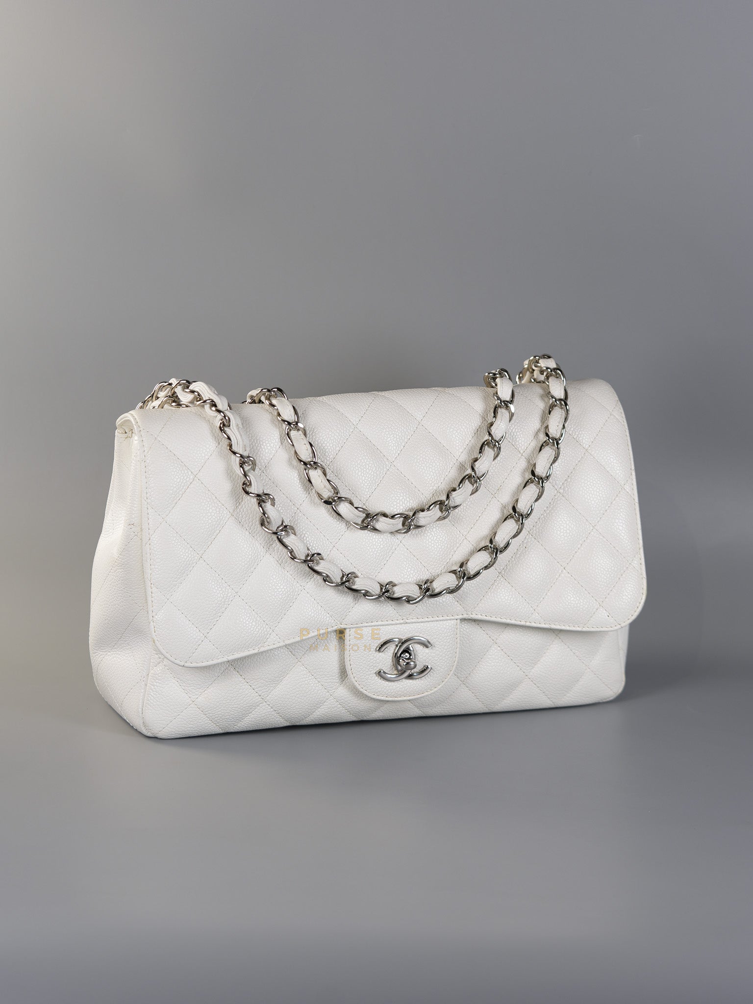 Classic Single Flap Jumbo White Caviar Leather in Silver Hardware Series | Purse Maison Luxury Bags Shop