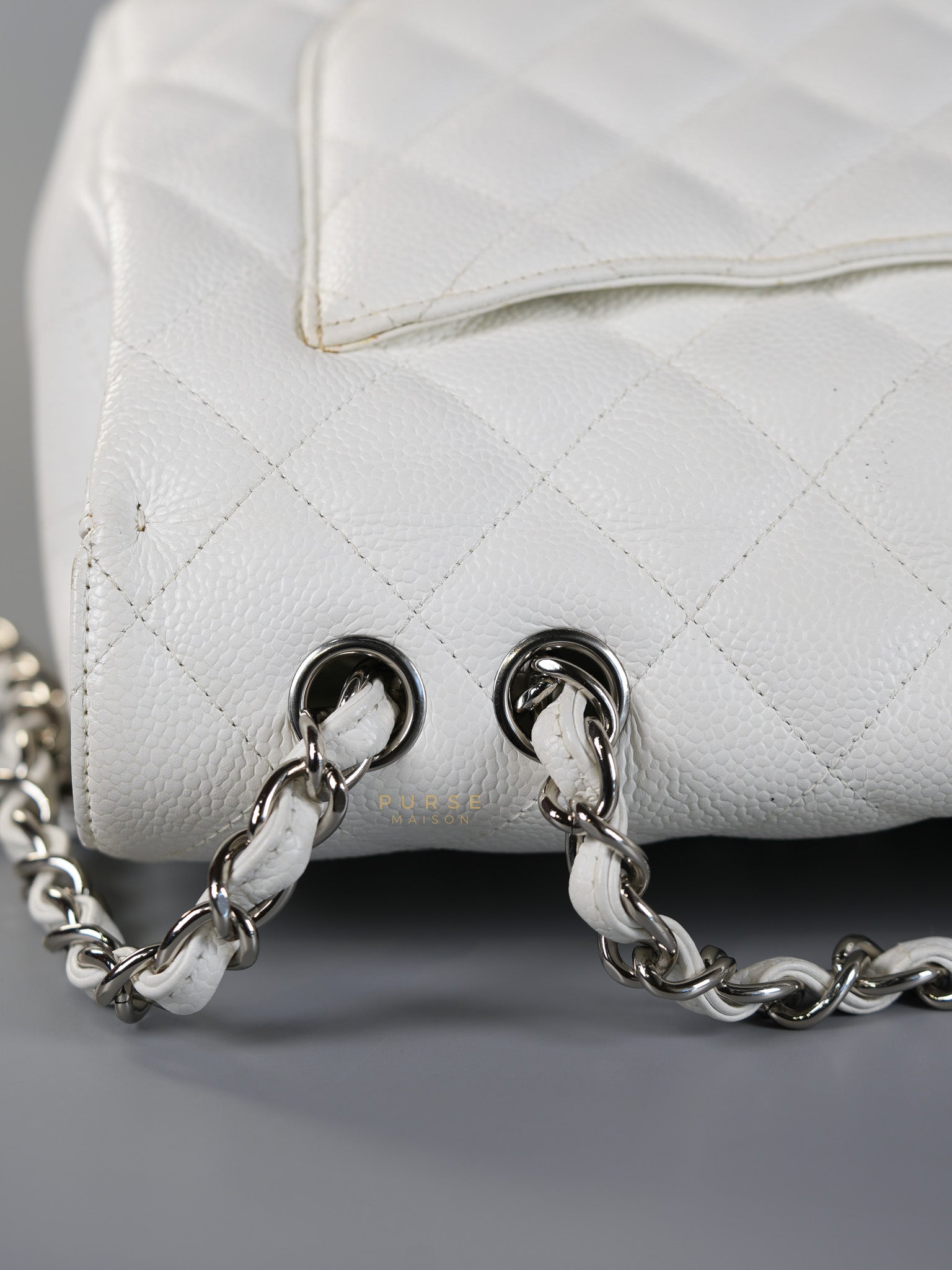 Classic Single Flap Jumbo White Caviar Leather in Silver Hardware Series | Purse Maison Luxury Bags Shop
