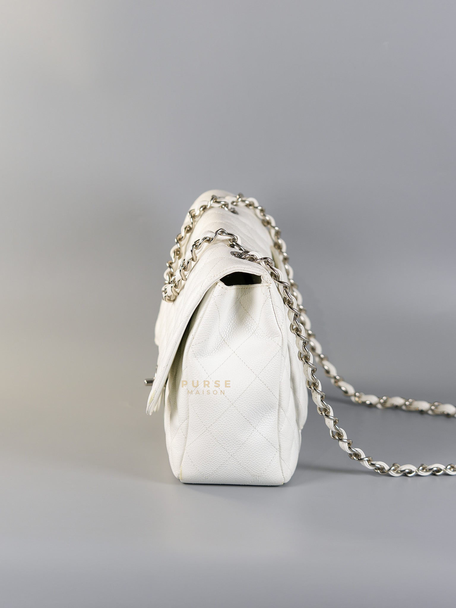 Classic Single Flap Jumbo White Caviar Leather in Silver Hardware Series | Purse Maison Luxury Bags Shop