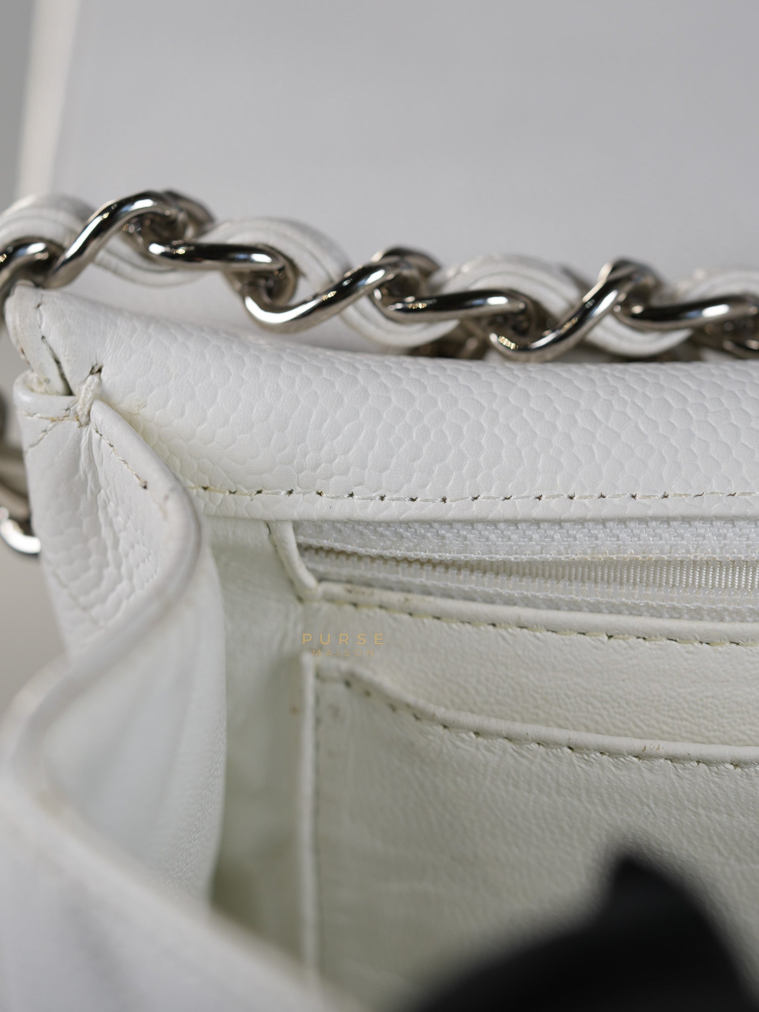 Classic Single Flap Jumbo White Caviar Leather in Silver Hardware Series | Purse Maison Luxury Bags Shop
