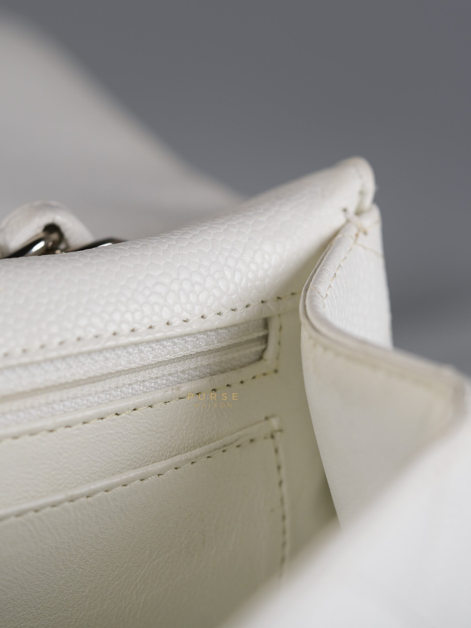 Classic Single Flap Jumbo White Caviar Leather in Silver Hardware Series | Purse Maison Luxury Bags Shop