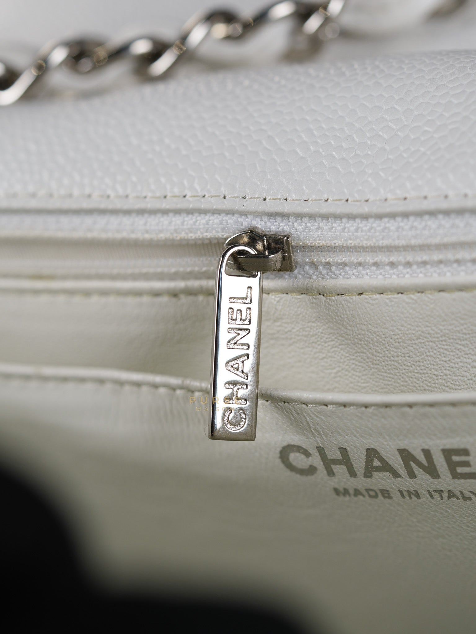 Classic Single Flap Jumbo White Caviar Leather in Silver Hardware Series | Purse Maison Luxury Bags Shop