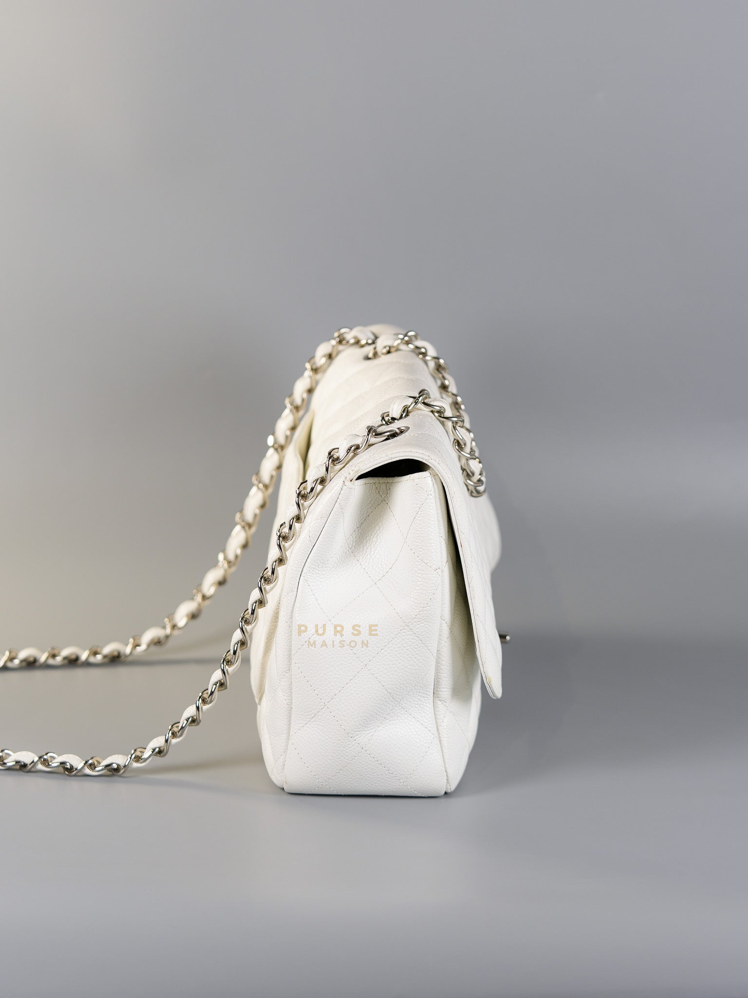Classic Single Flap Jumbo White Caviar Leather in Silver Hardware Series | Purse Maison Luxury Bags Shop