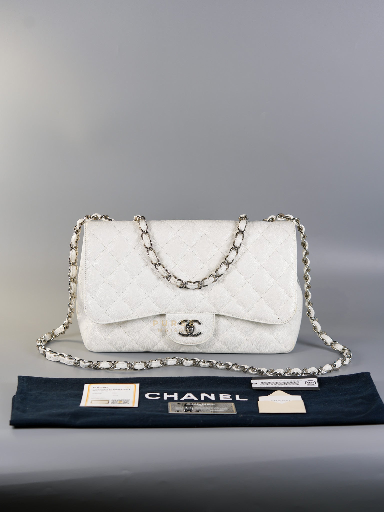 Classic Single Flap Jumbo White Caviar Leather in Silver Hardware Series | Purse Maison Luxury Bags Shop