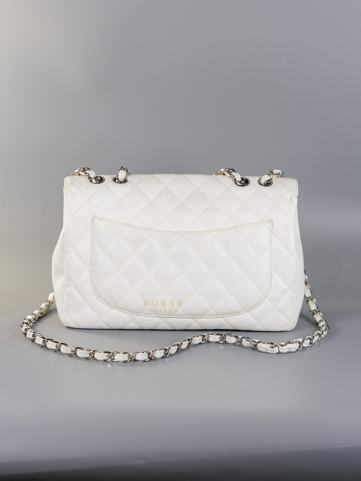 Classic Single Flap Jumbo White Caviar Leather in Silver Hardware Series | Purse Maison Luxury Bags Shop