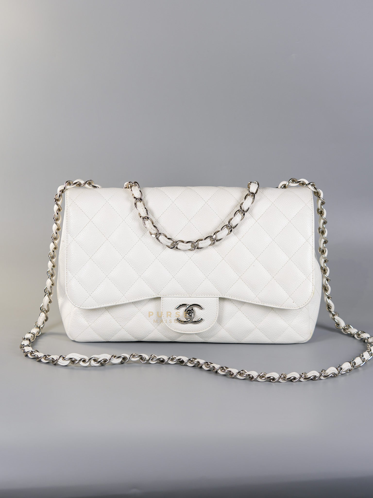 Classic Single Flap Jumbo White Caviar Leather in Silver Hardware Series | Purse Maison Luxury Bags Shop