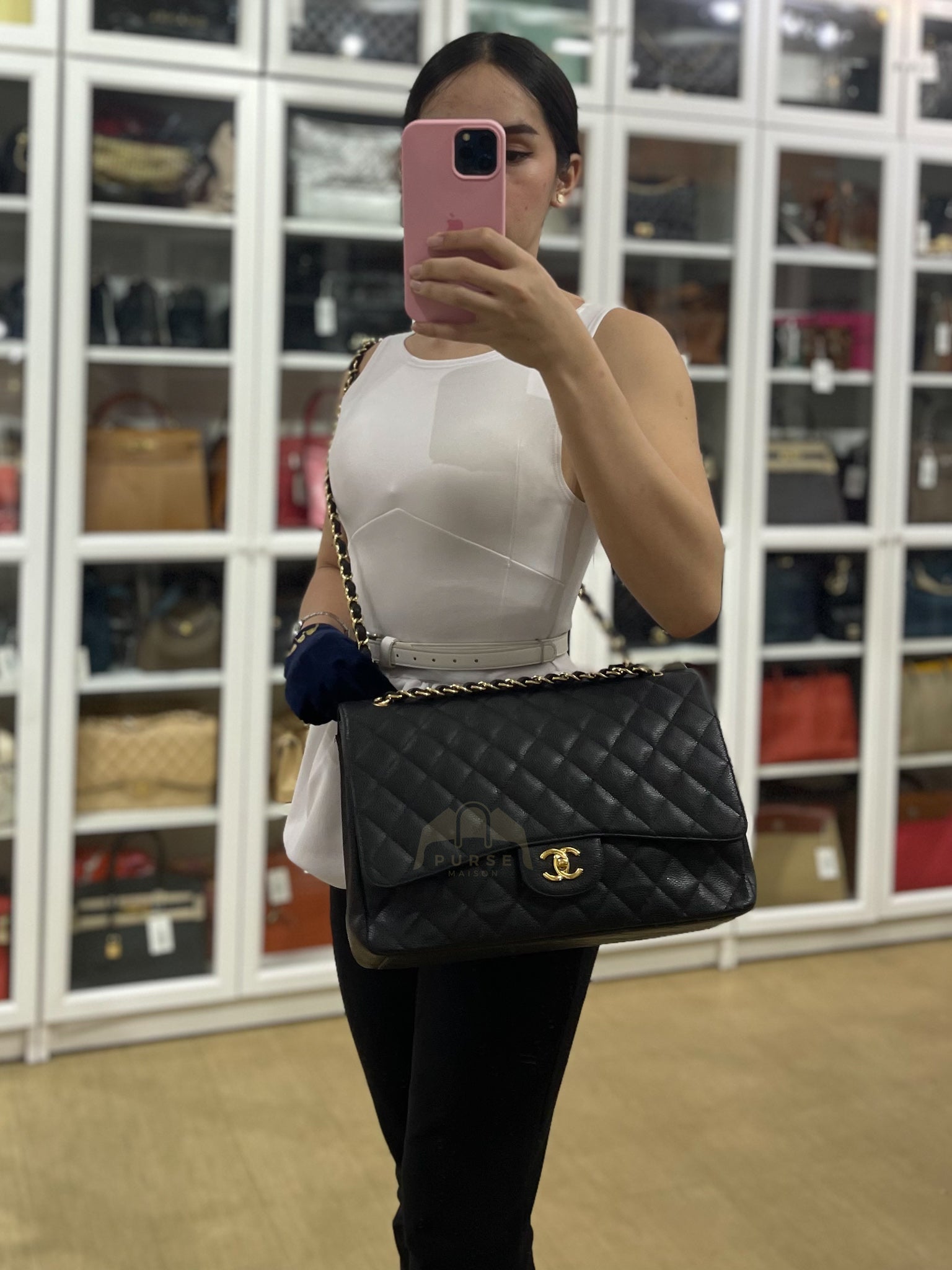 Classic Single Flap Maxi in Black Caviar Leather Gold Hardware (Series 13) | Purse Maison Luxury Bags Shop