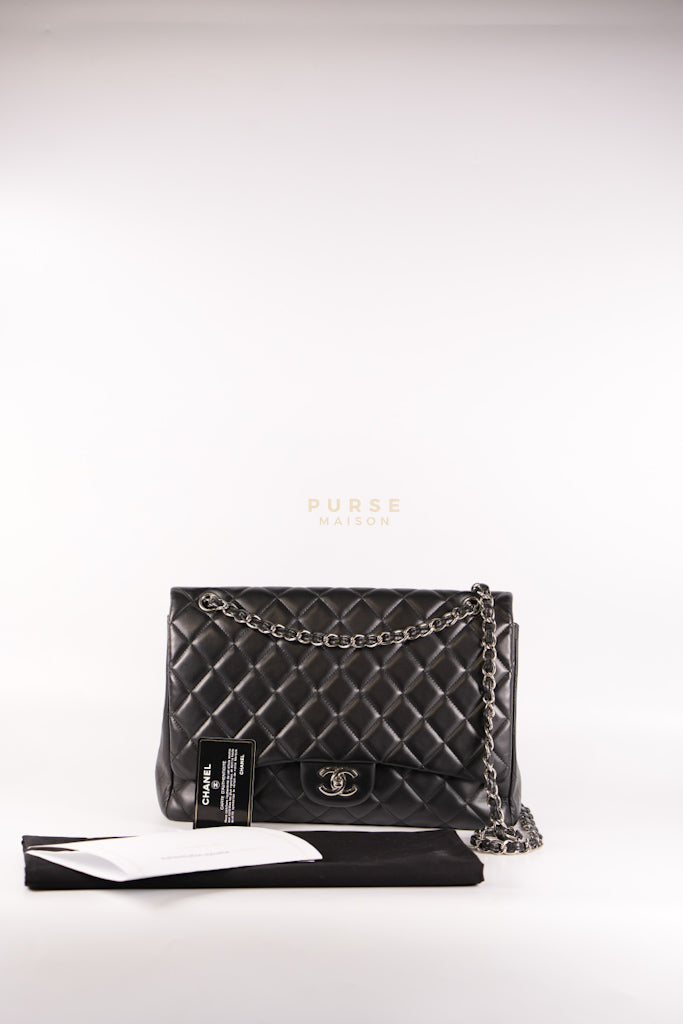 Classic Single Flap Maxi in Black Lambskin Leather and Silver Hardware Series 13 | Purse Maison Luxury Bags Shop