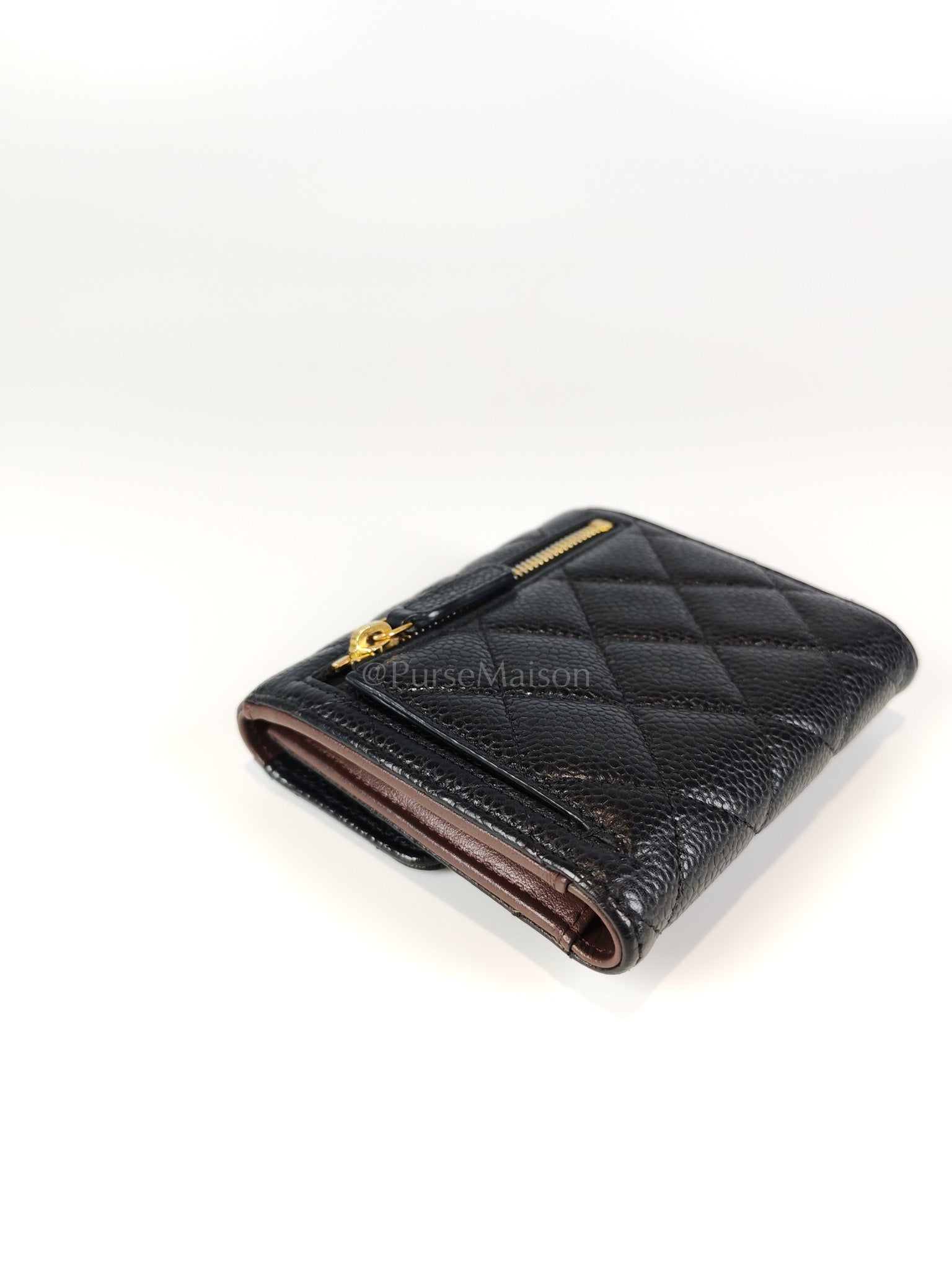 Classic Trifold Wallet in Black Quilted Caviar Leather and Gold Hardware (Series 30) | Purse Maison Luxury Bags Shop