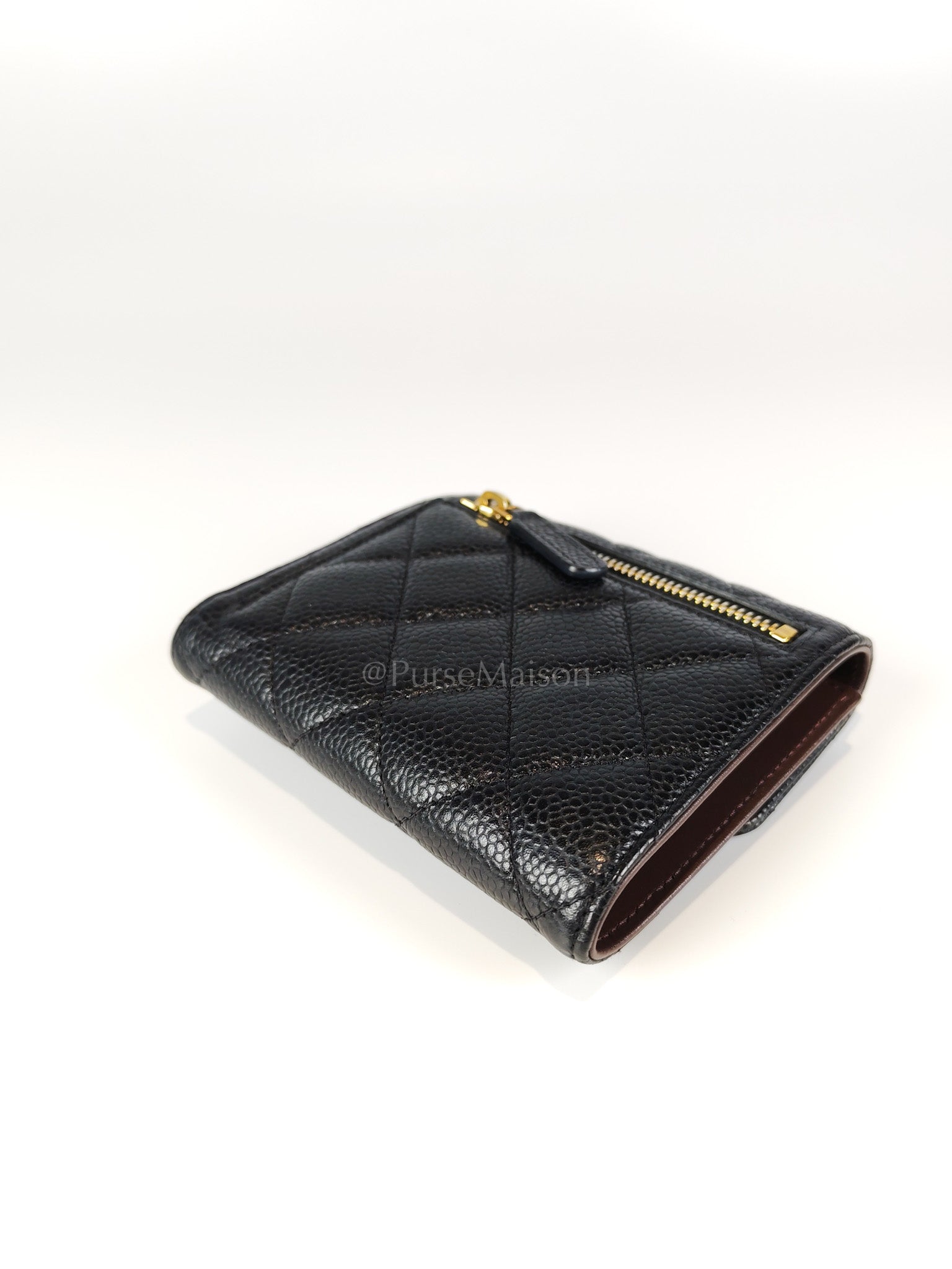 Classic Trifold Wallet in Black Quilted Caviar Leather and Gold Hardware (Series 30) | Purse Maison Luxury Bags Shop