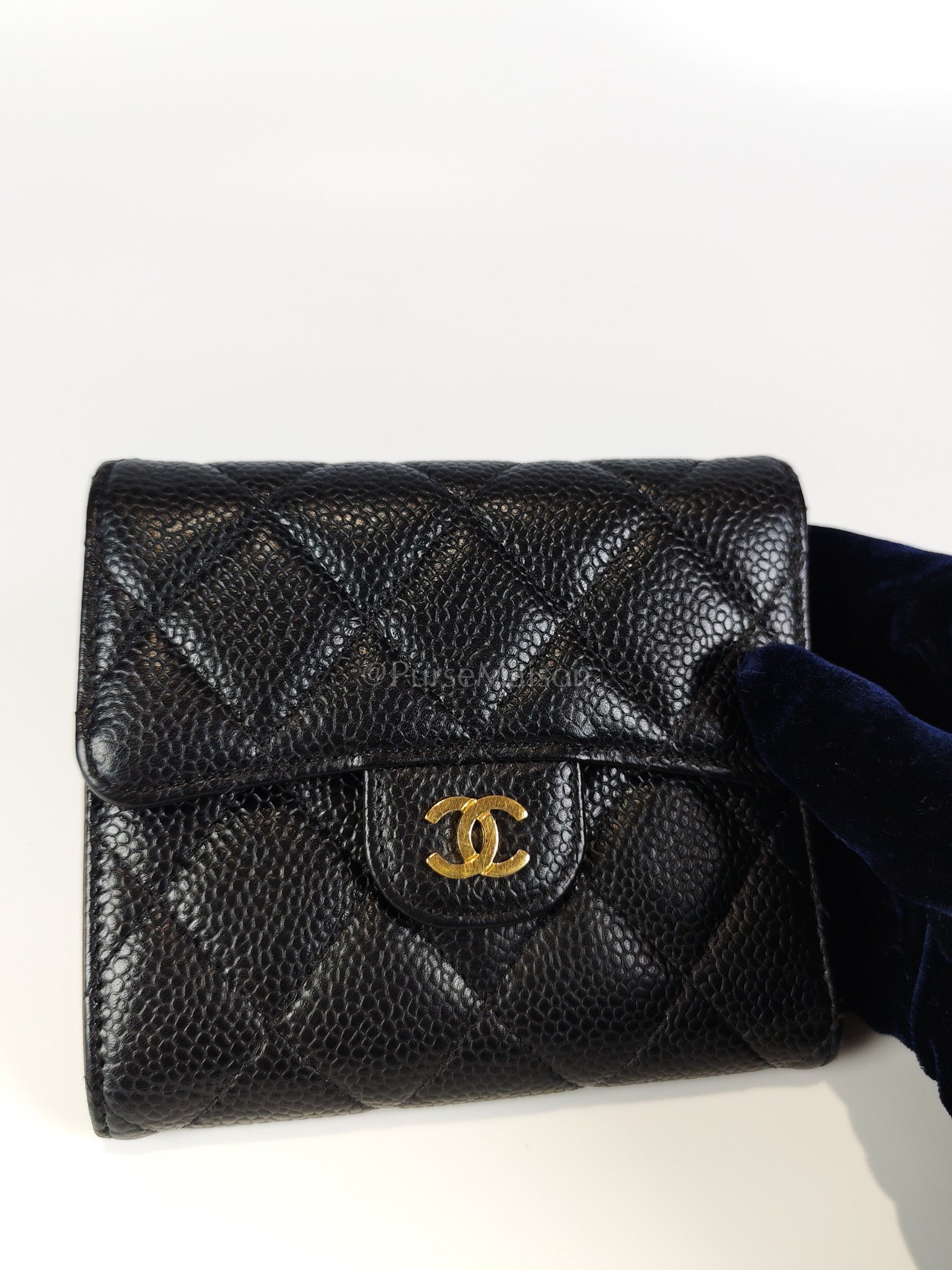Classic Trifold Wallet in Black Quilted Caviar Leather and Gold Hardware (Series 30) | Purse Maison Luxury Bags Shop
