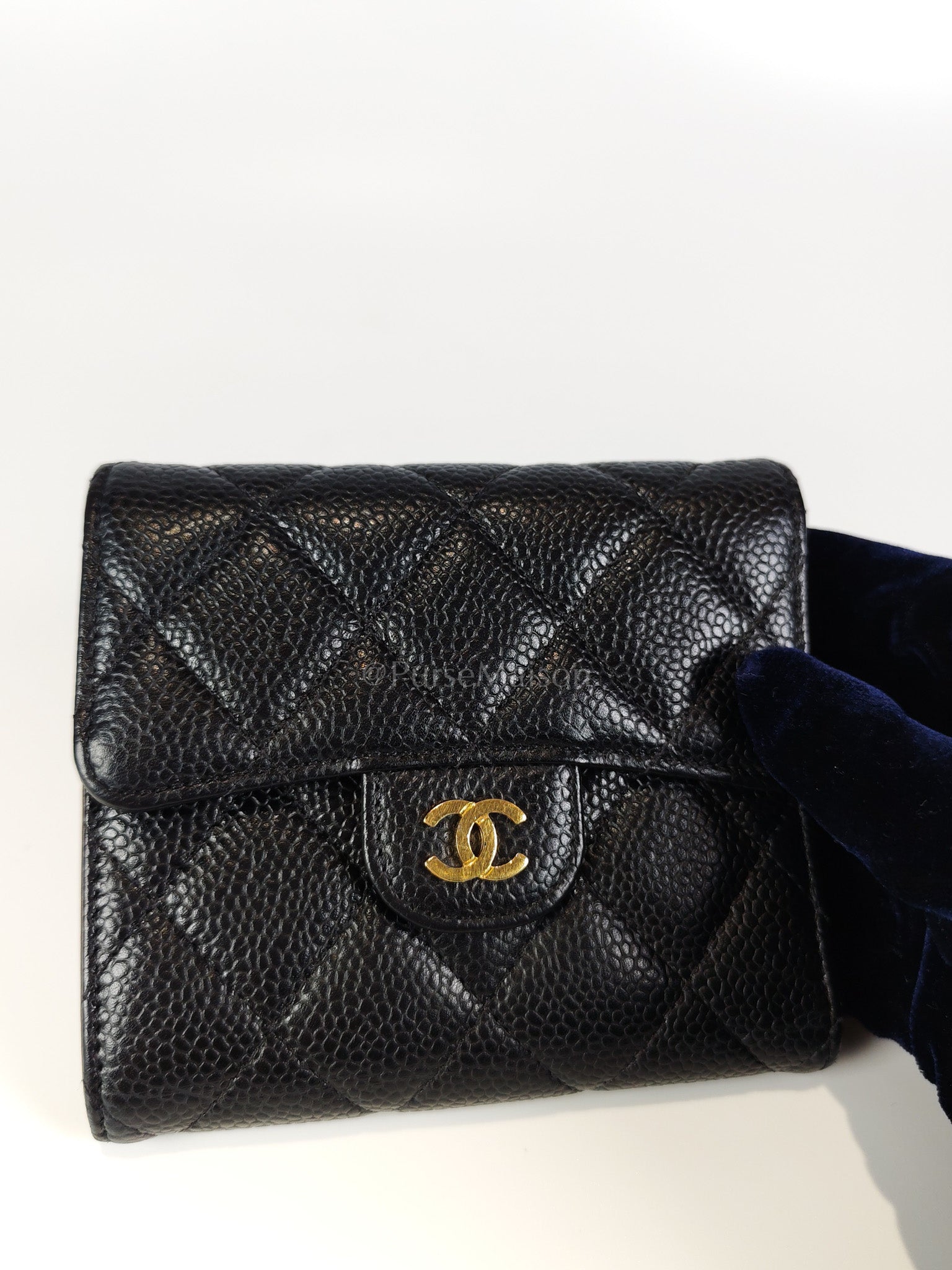 Classic Trifold Wallet in Black Quilted Caviar Leather and Gold Hardware (Series 30) | Purse Maison Luxury Bags Shop