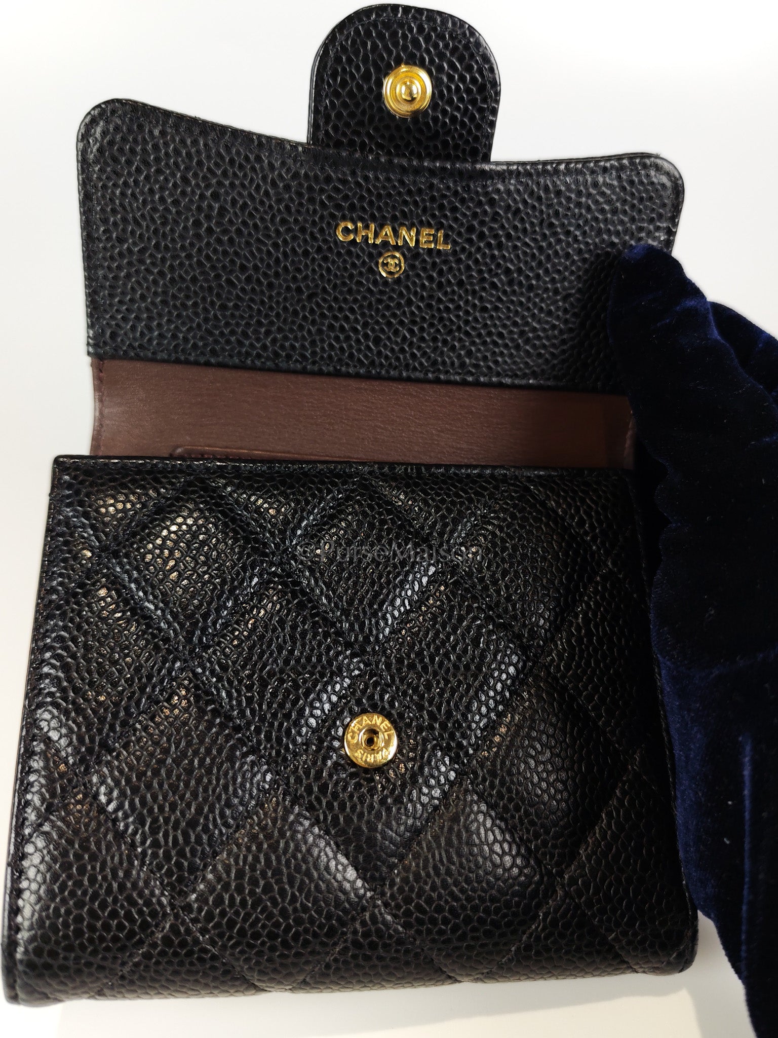 Classic Trifold Wallet in Black Quilted Caviar Leather and Gold Hardware (Series 30) | Purse Maison Luxury Bags Shop