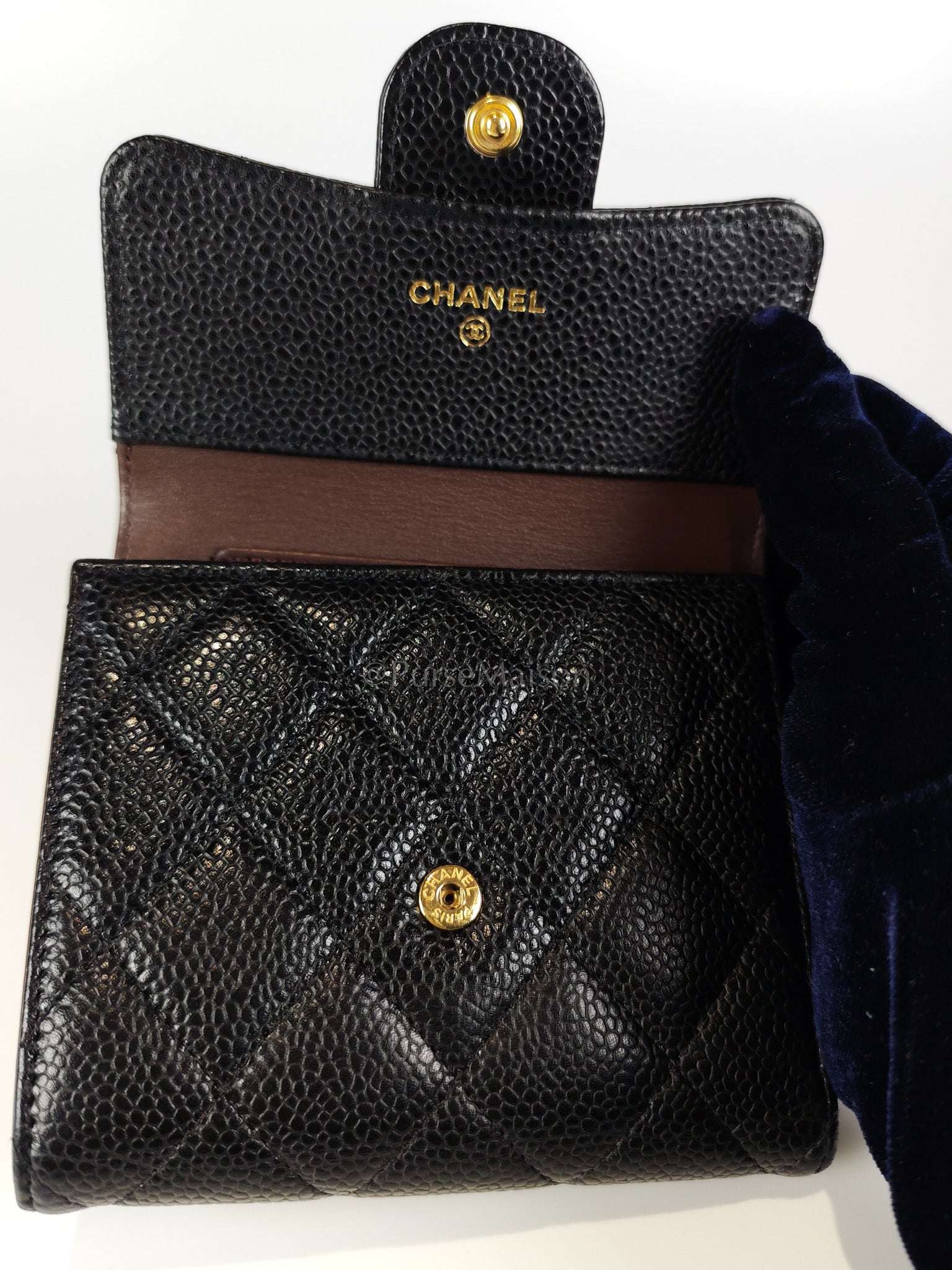 Classic Trifold Wallet in Black Quilted Caviar Leather and Gold Hardware (Series 30) | Purse Maison Luxury Bags Shop
