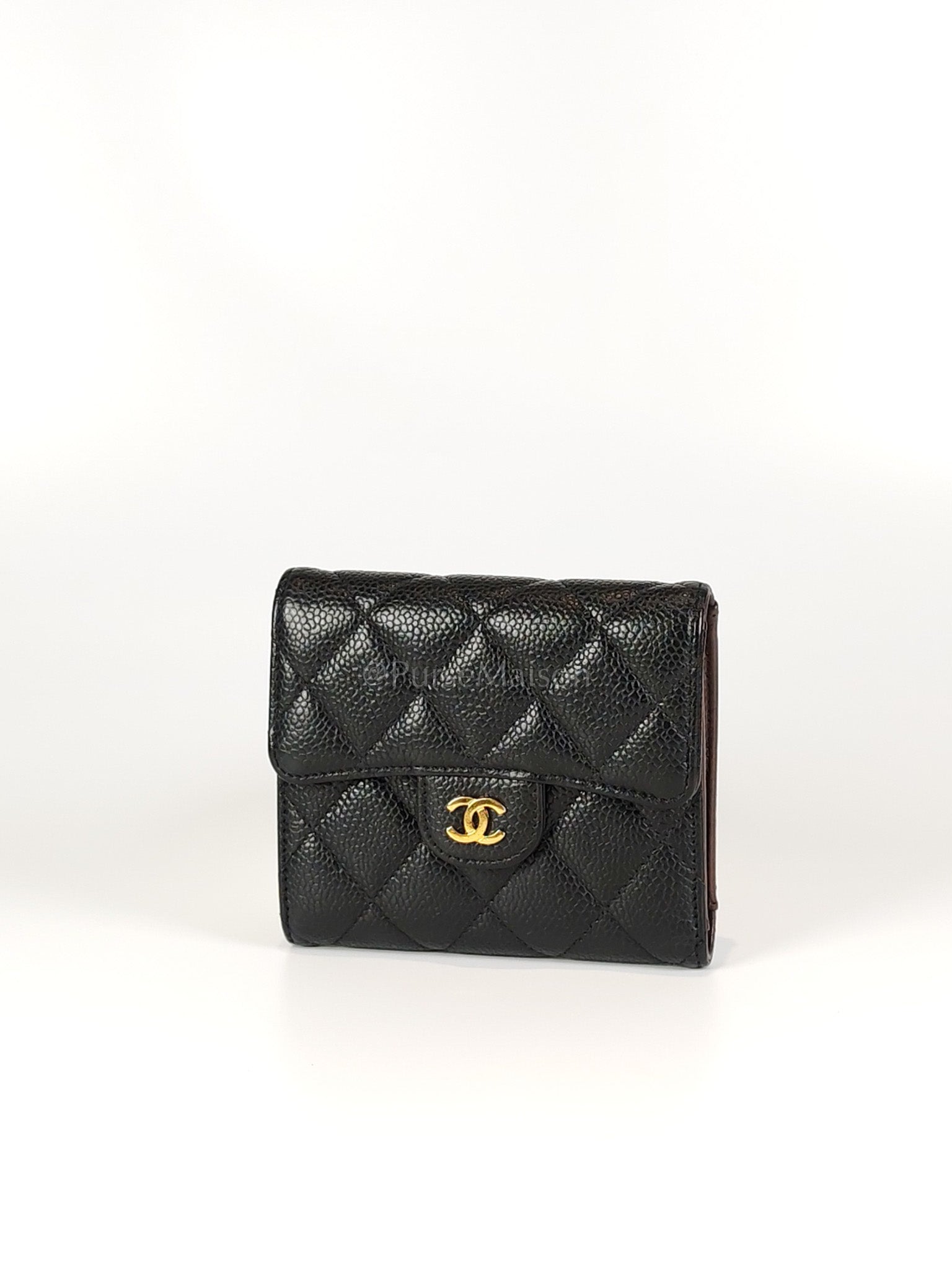 Classic Trifold Wallet in Black Quilted Caviar Leather and Gold Hardware (Series 30) | Purse Maison Luxury Bags Shop