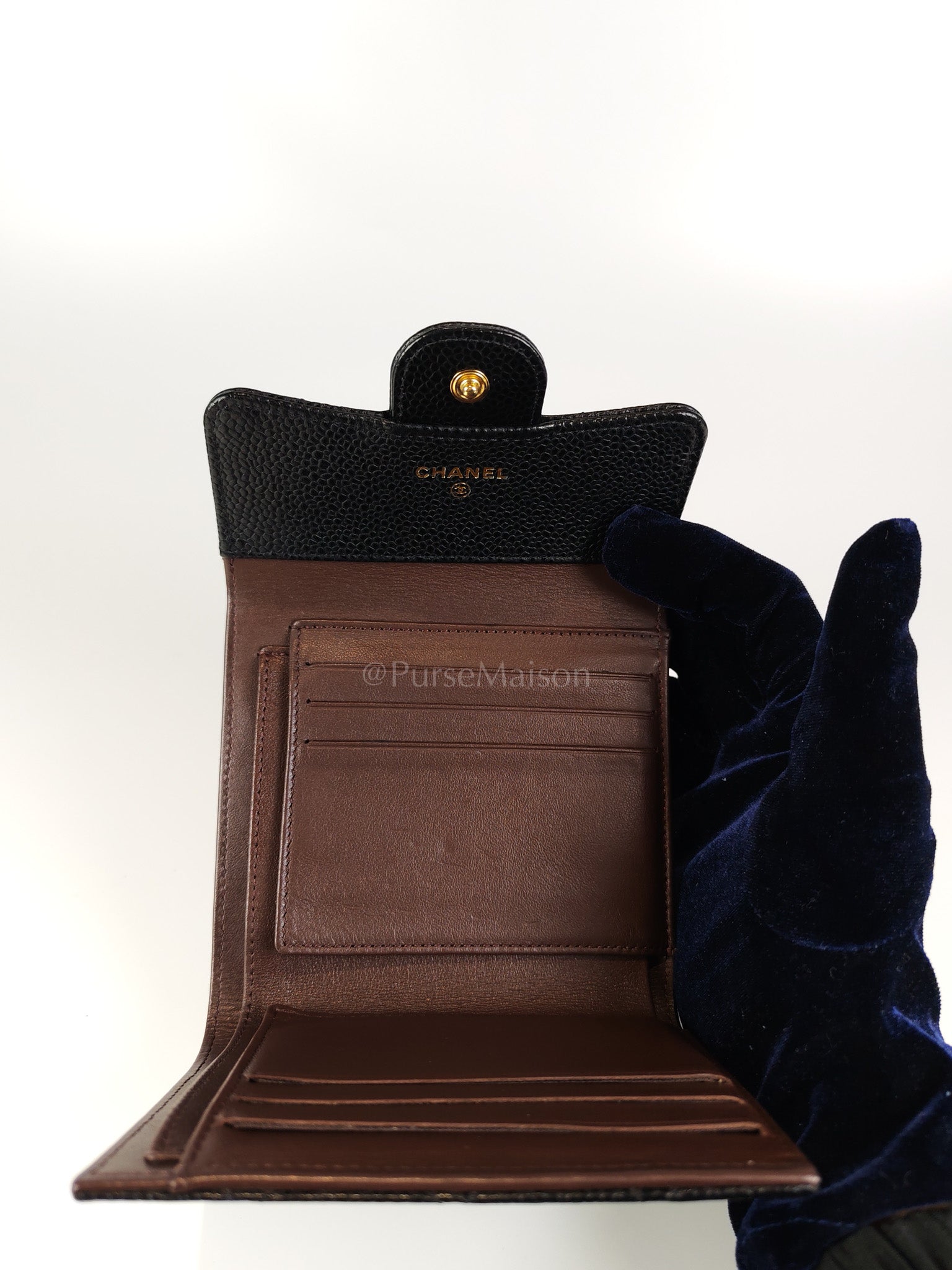 Classic Trifold Wallet in Black Quilted Caviar Leather and Gold Hardware (Series 30) | Purse Maison Luxury Bags Shop