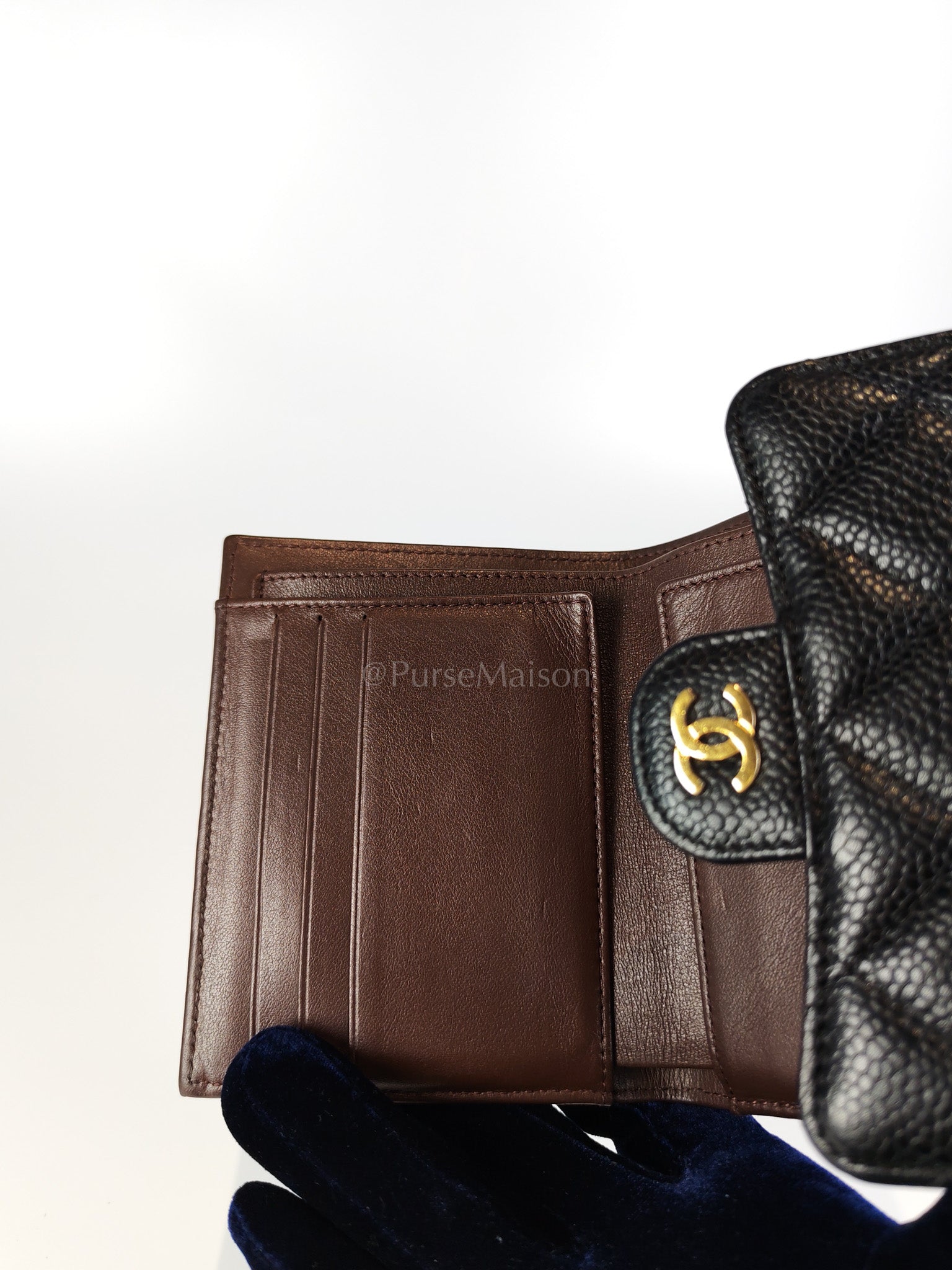 Classic Trifold Wallet in Black Quilted Caviar Leather and Gold Hardware (Series 30) | Purse Maison Luxury Bags Shop