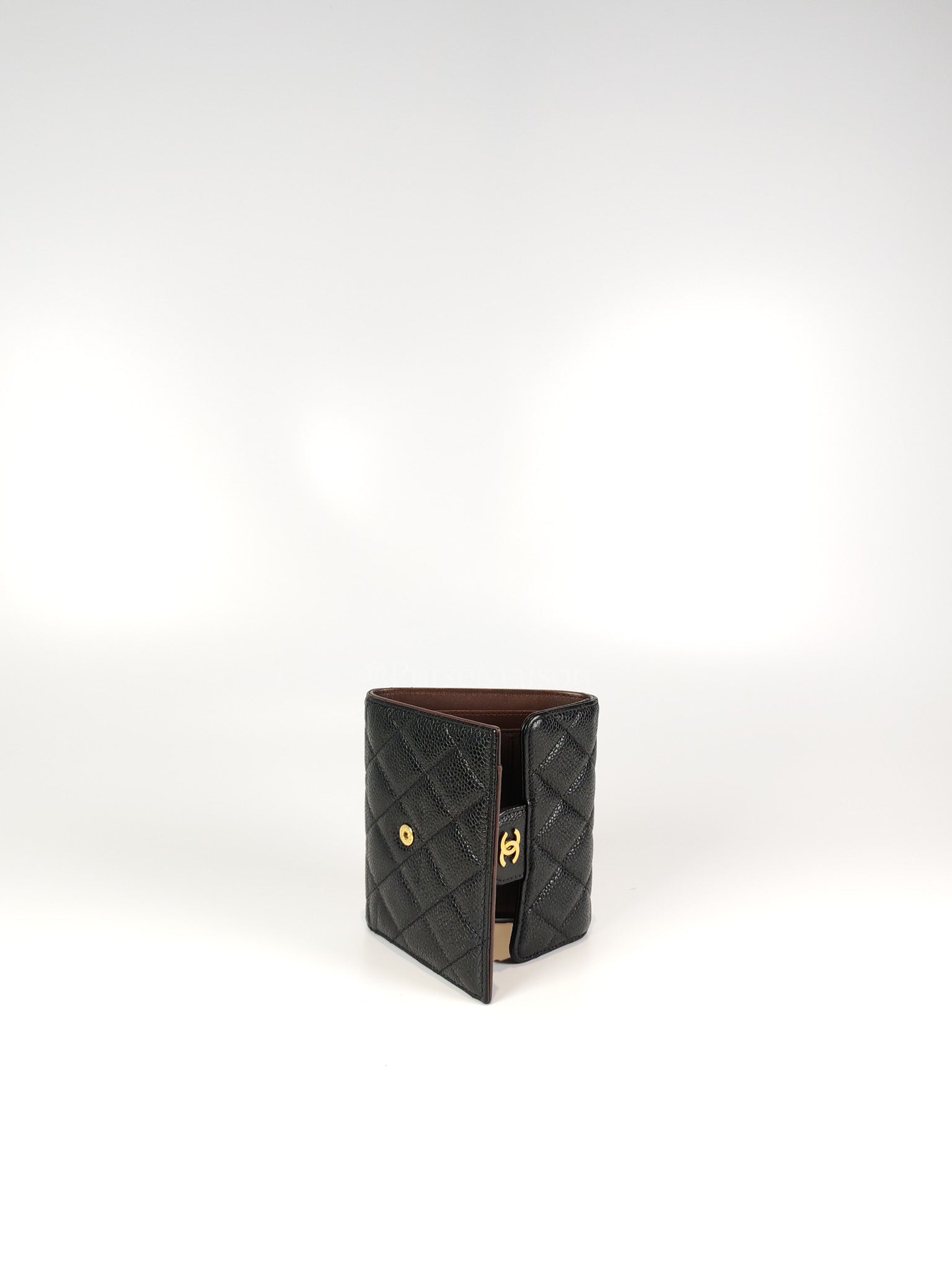 Classic Trifold Wallet in Black Quilted Caviar Leather and Gold Hardware (Series 30) | Purse Maison Luxury Bags Shop