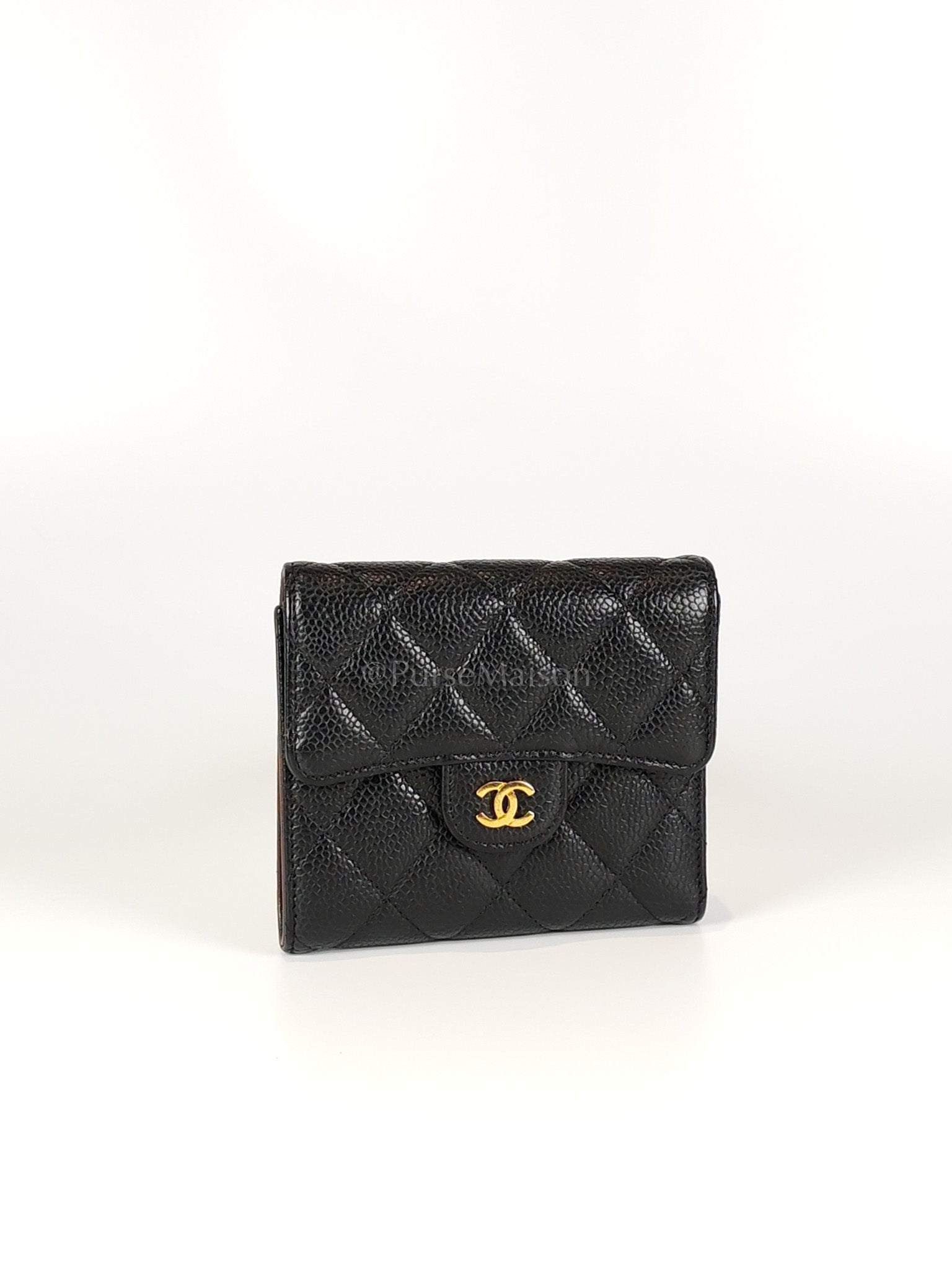 Classic Trifold Wallet in Black Quilted Caviar Leather and Gold Hardware (Series 30) | Purse Maison Luxury Bags Shop