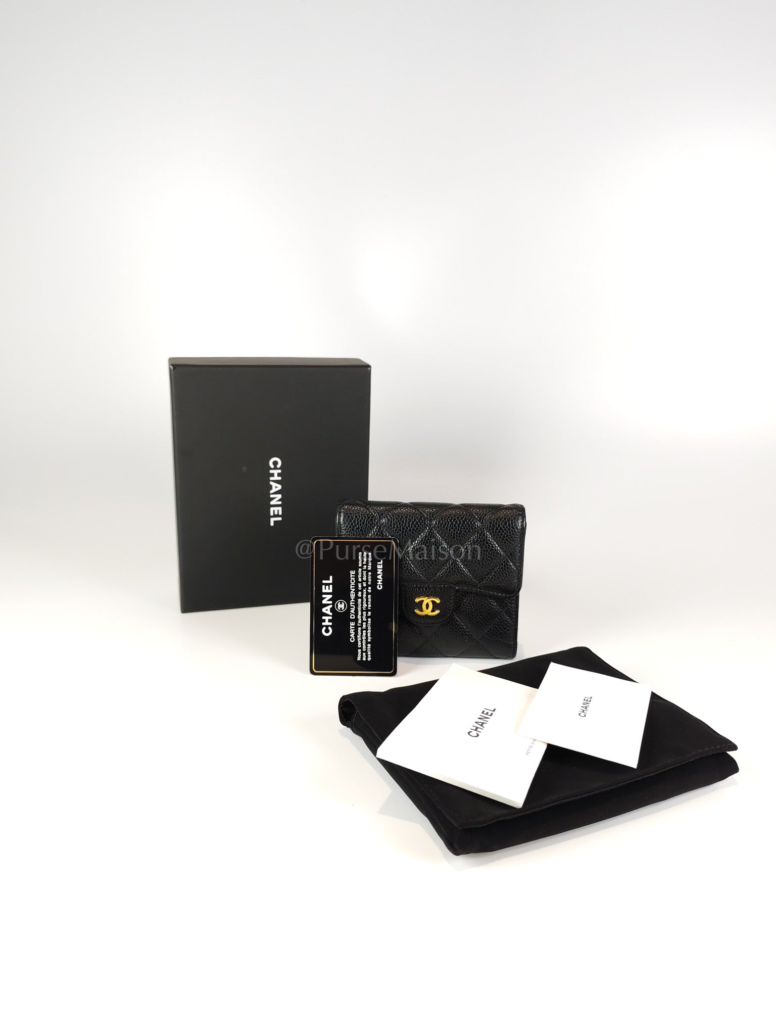 Classic Trifold Wallet in Black Quilted Caviar Leather and Gold Hardware (Series 30) | Purse Maison Luxury Bags Shop