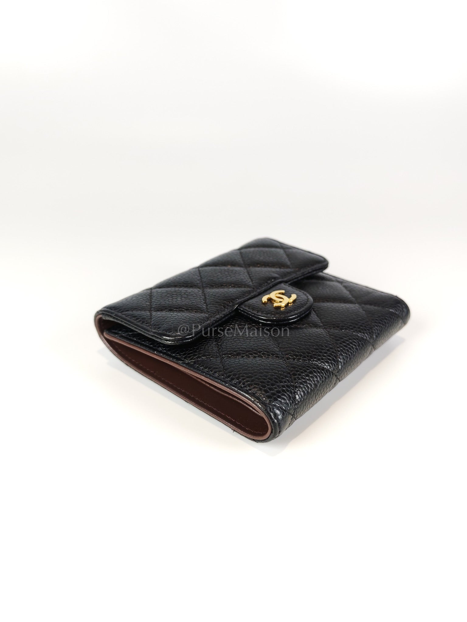 Classic Trifold Wallet in Black Quilted Caviar Leather and Gold Hardware (Series 30) | Purse Maison Luxury Bags Shop