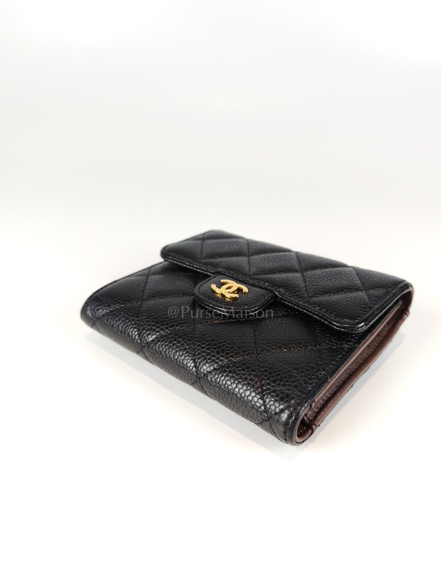 Classic Trifold Wallet in Black Quilted Caviar Leather and Gold Hardware (Series 30) | Purse Maison Luxury Bags Shop