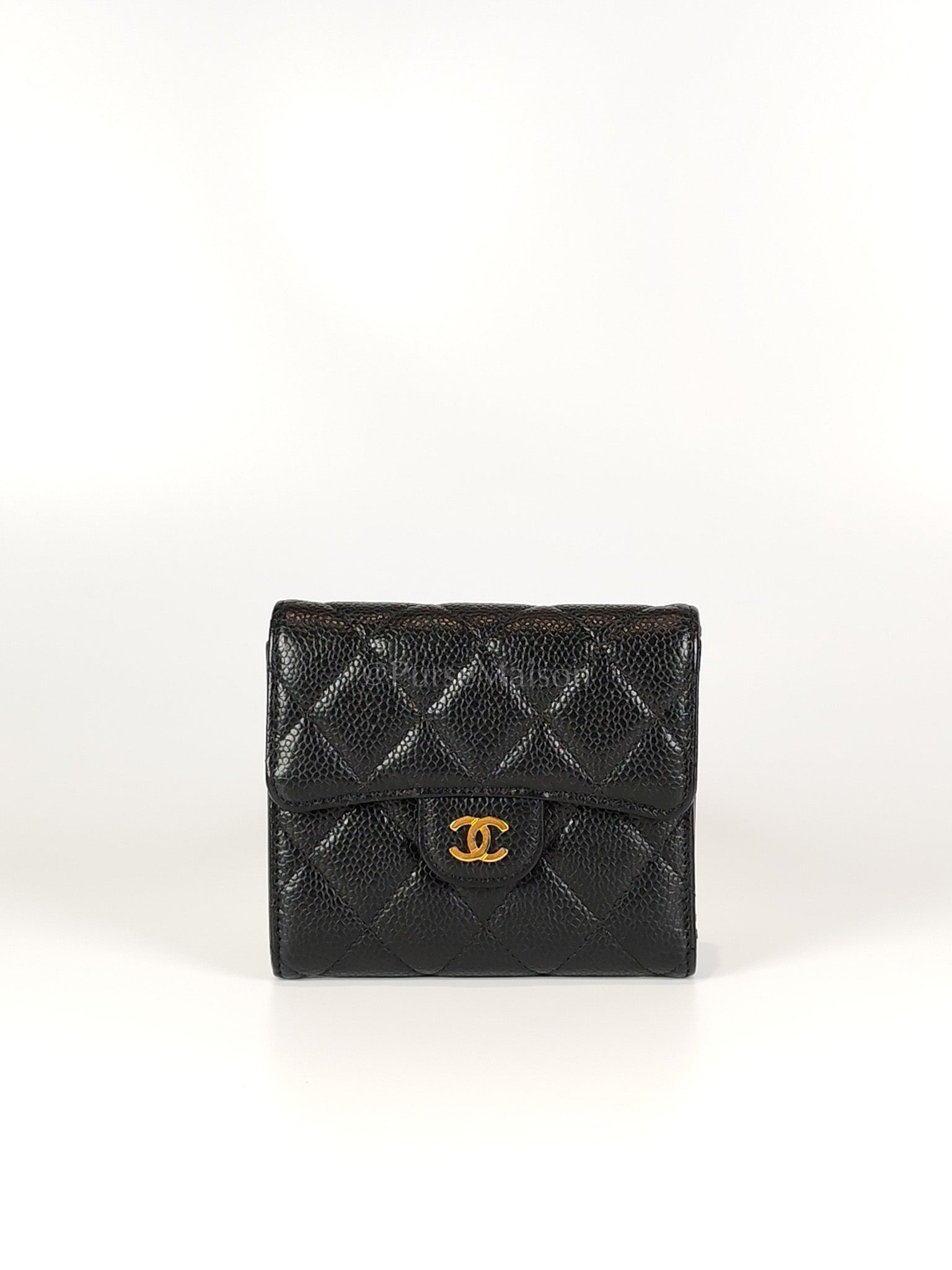 Classic Trifold Wallet in Black Quilted Caviar Leather and Gold Hardware (Series 30) | Purse Maison Luxury Bags Shop