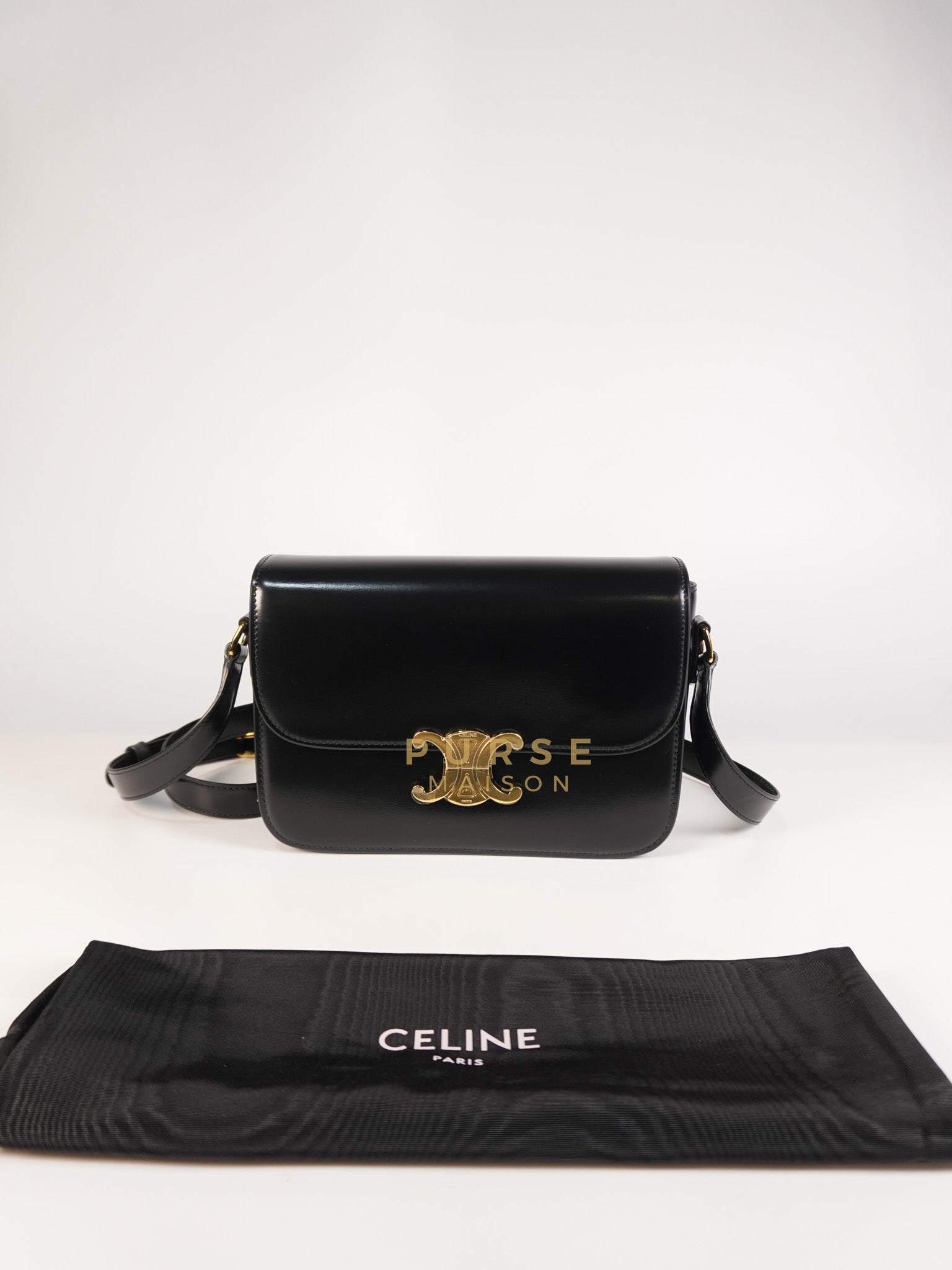 Classic Triomphe Medium Black Shiny Calfskin Leather | Purse Maison Luxury Bags Shop