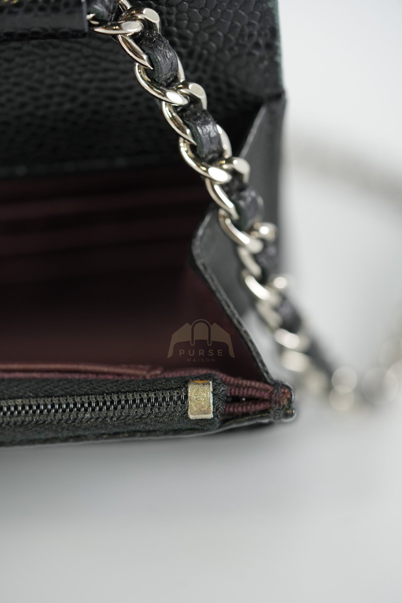 Classic Wallet on Chain in Black Caviar Leather and Silver Hardware (Microchip) | Purse Maison Luxury Bags Shop
