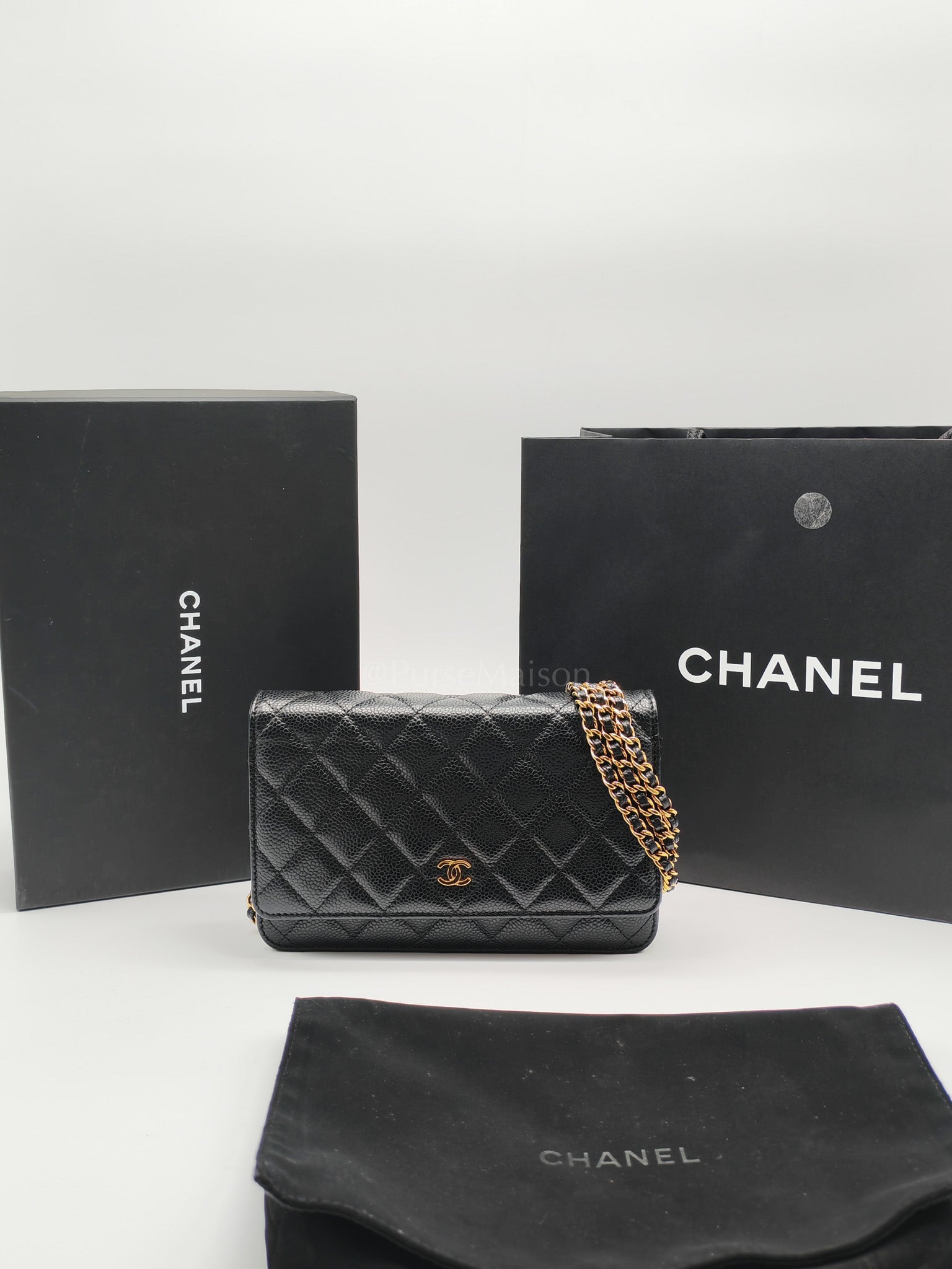 Classic Wallet on Chain in Black Caviar Leather Gold Hardware (Microchip) | Purse Maison Luxury Bags Shop