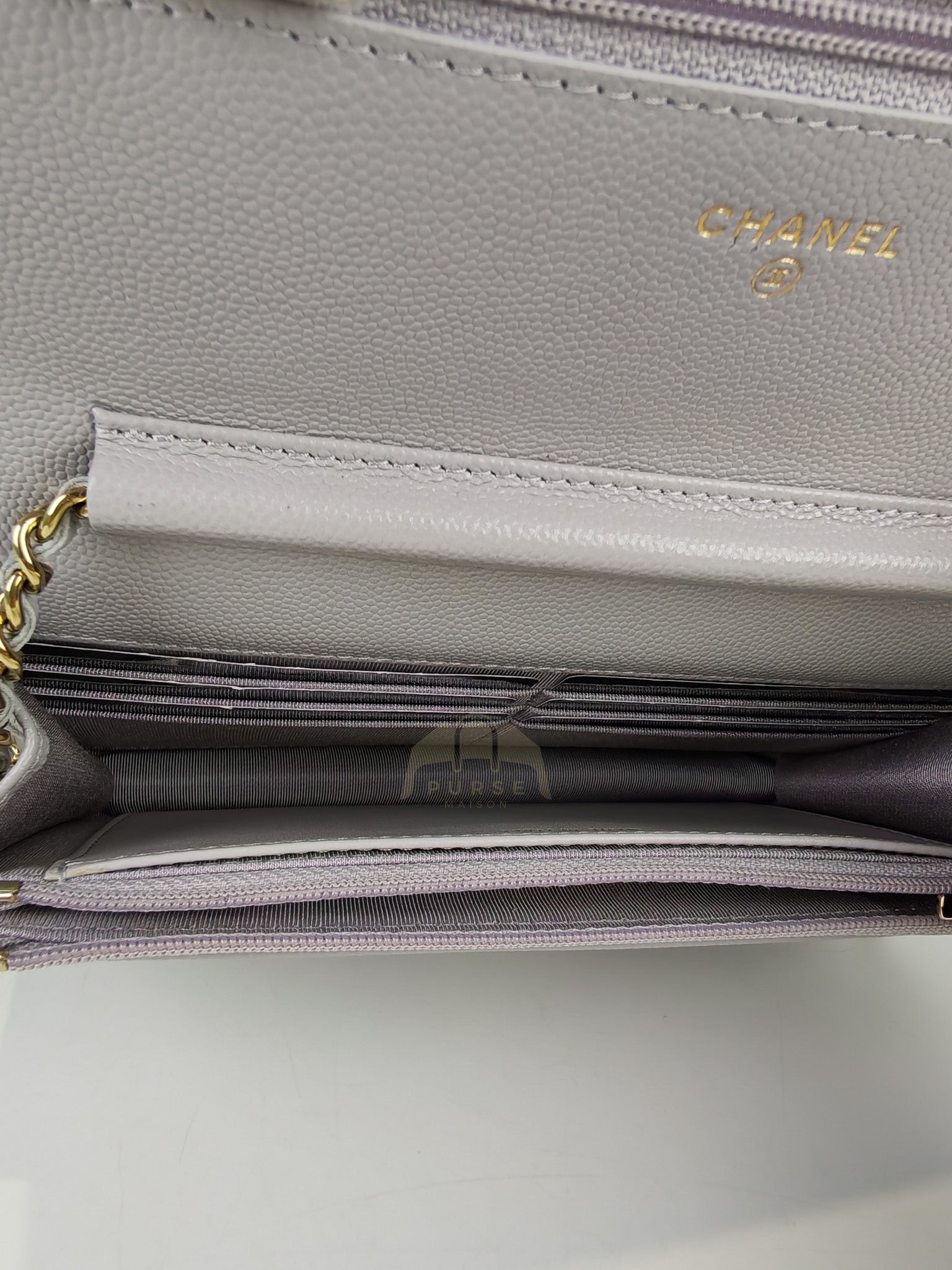 Classic Wallet On Chain in Light Gray Caviar Leather & Light Gold Hardware (Microchip) | Purse Maison Luxury Bags Shop