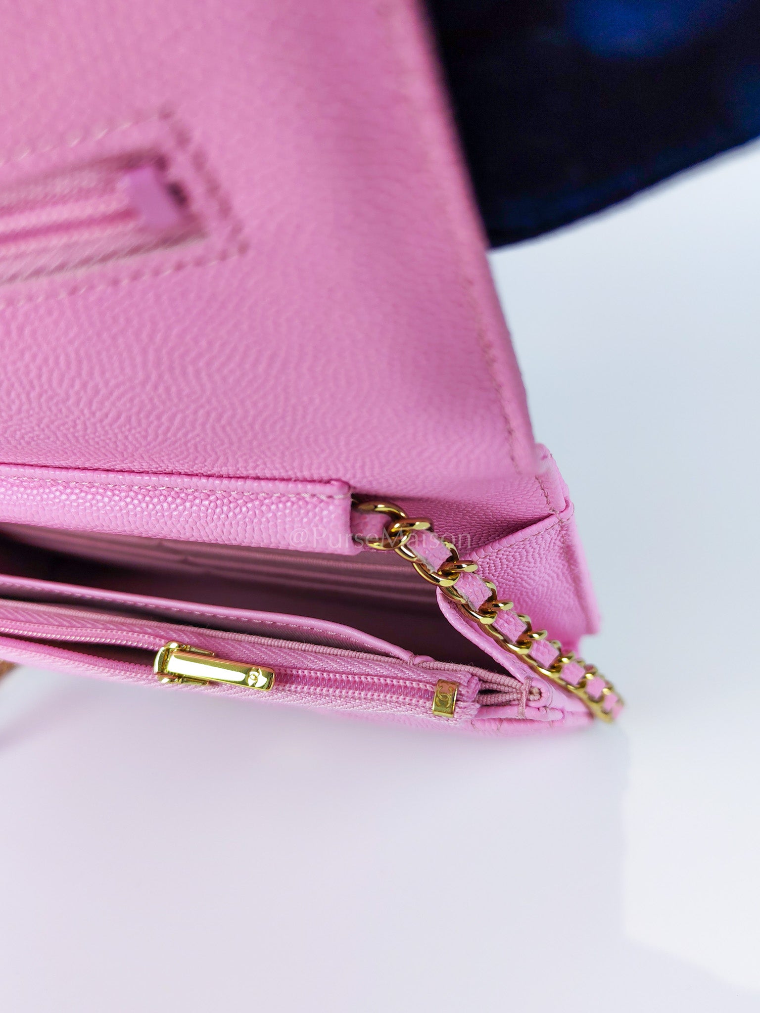 Classic Wallet On Chain in Pink Caviar Leather Gold Hardware (Microchip) | Purse Maison Luxury Bags Shop