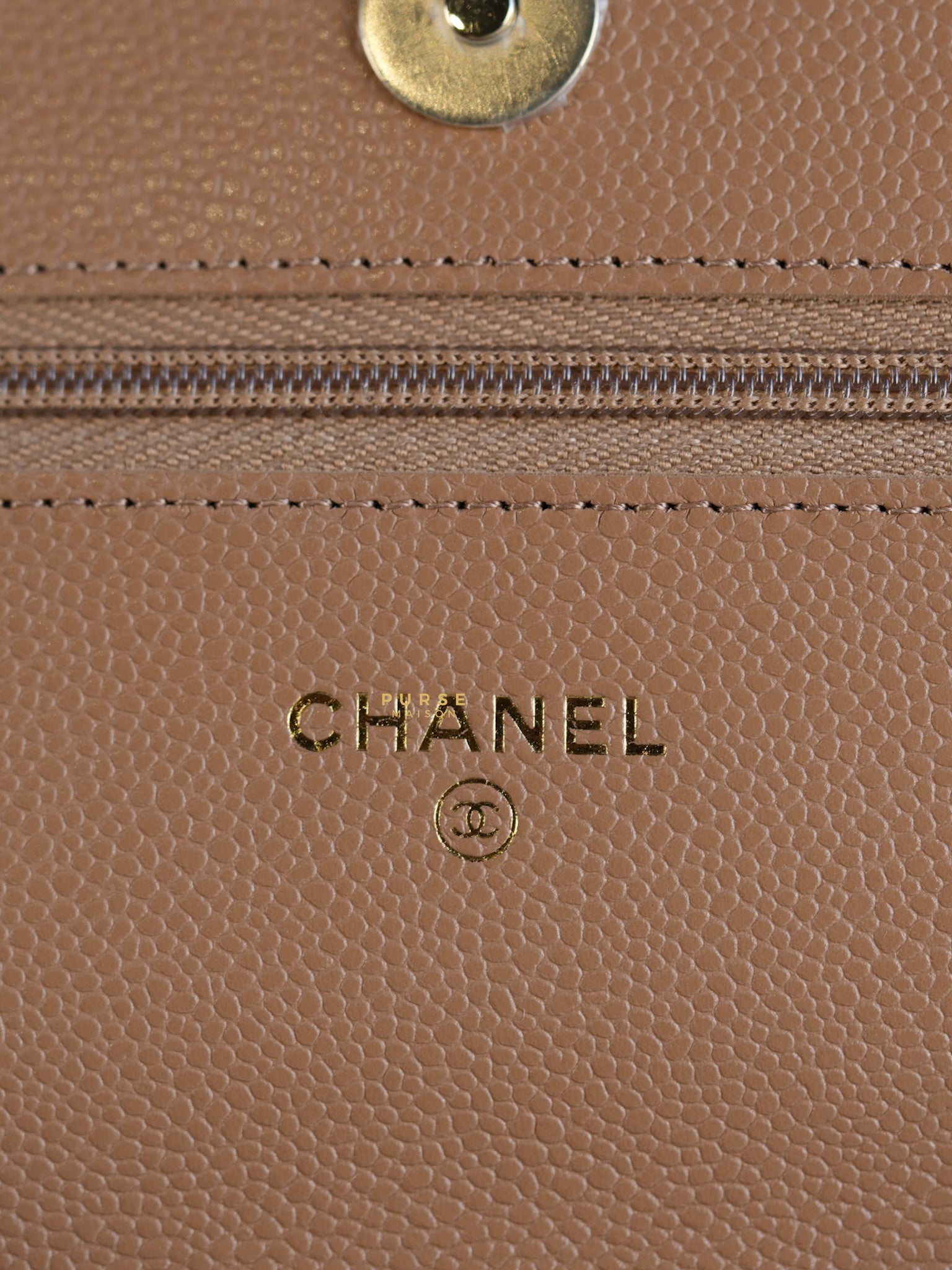 Classic Wallet on Chain (WOC) Dark Beige Caviar and Light Gold Hardware (Microchip) | Purse Maison Luxury Bags Shop