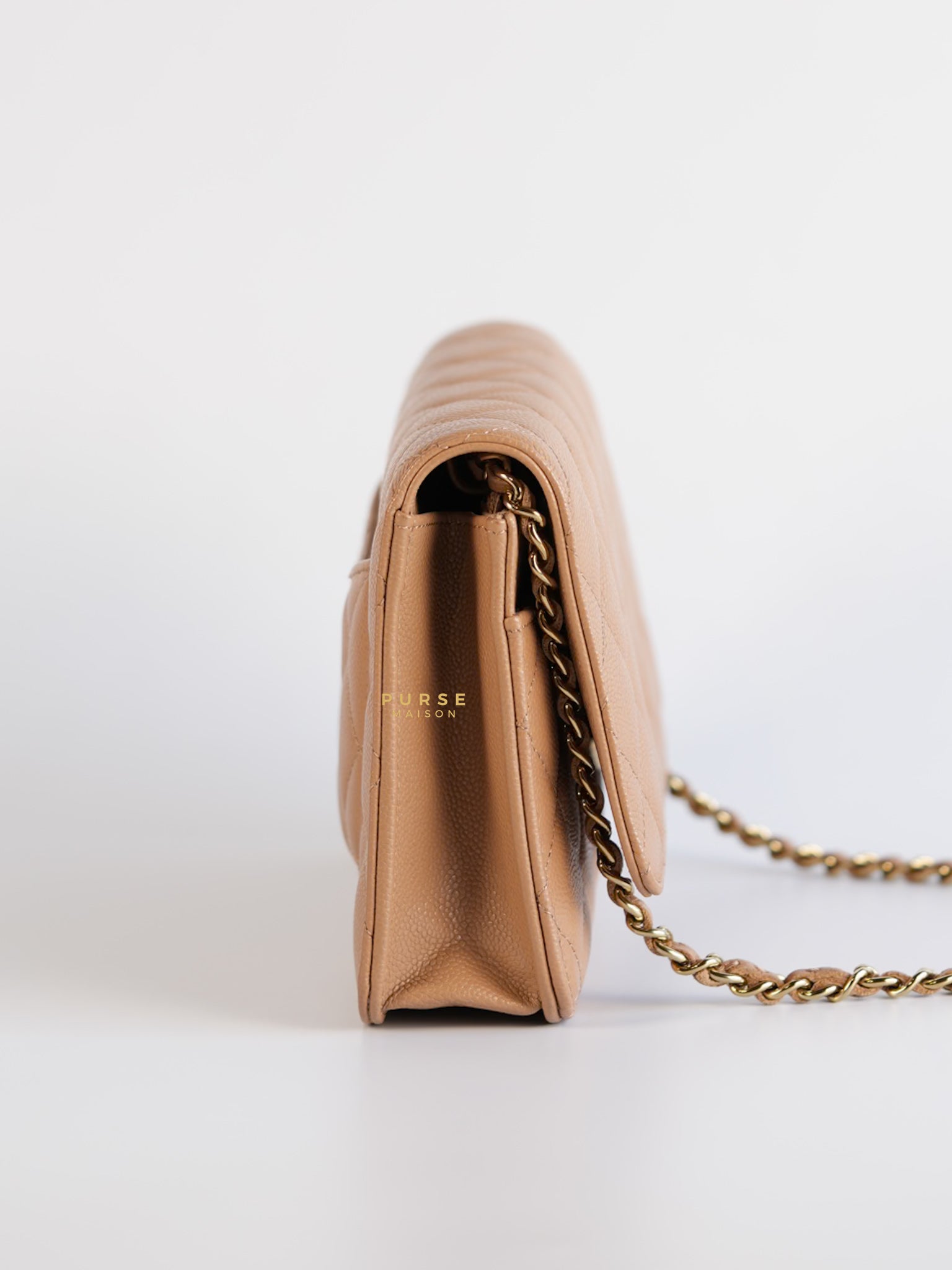 Classic Wallet on Chain (WOC) Dark Beige Caviar and Light Gold Hardware (Microchip) | Purse Maison Luxury Bags Shop