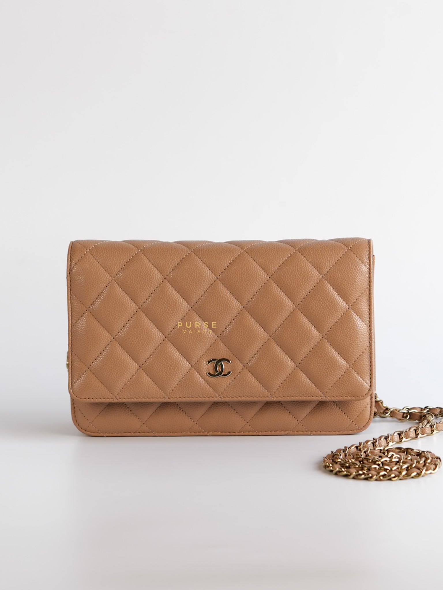 Classic Wallet on Chain (WOC) Dark Beige Caviar and Light Gold Hardware (Microchip) | Purse Maison Luxury Bags Shop