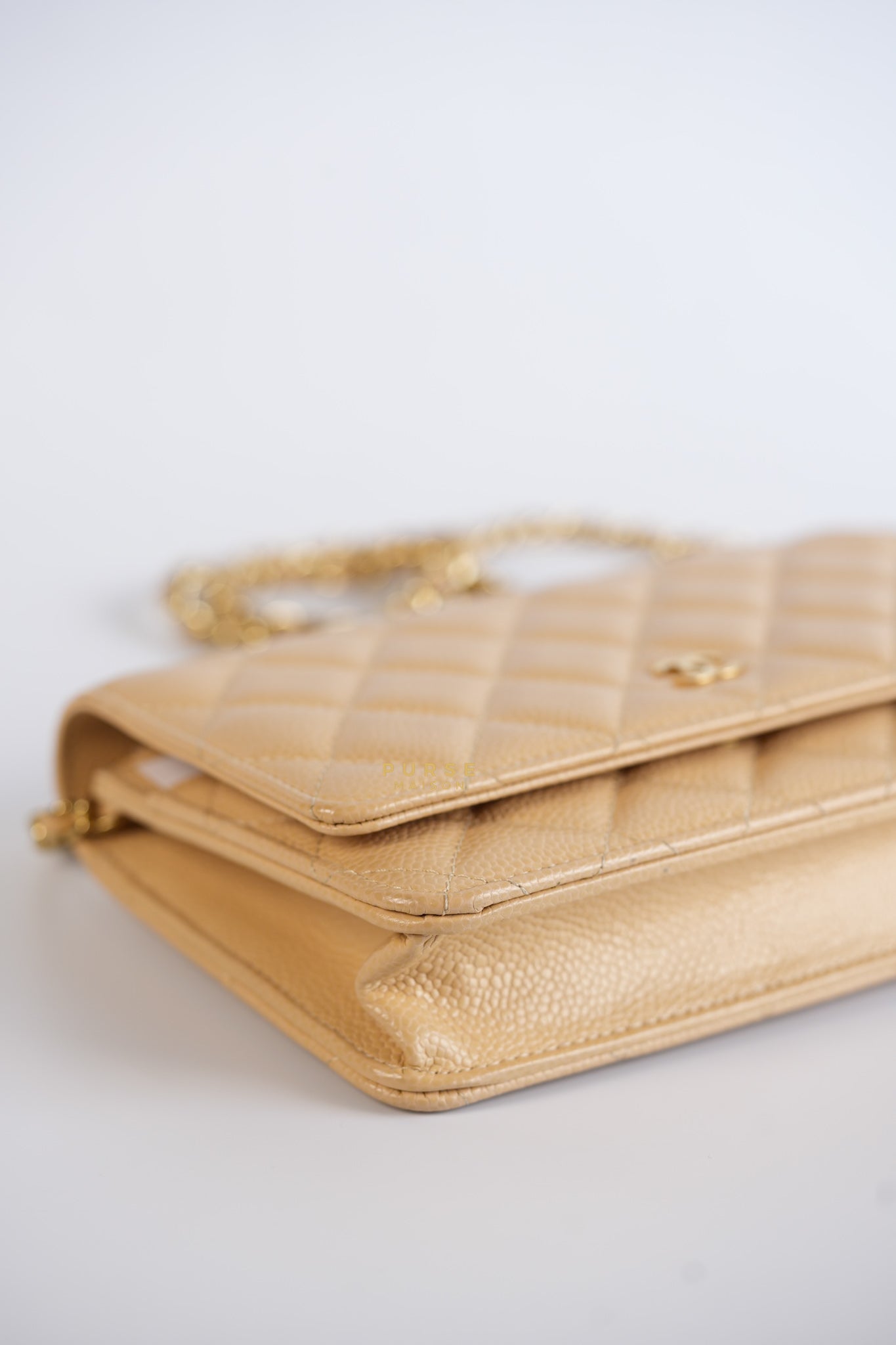 Classic Wallet on Chain (WOC) in Beige Clair Caviar Leather and Gold Hardware (Microchip) | Purse Maison Luxury Bags Shop