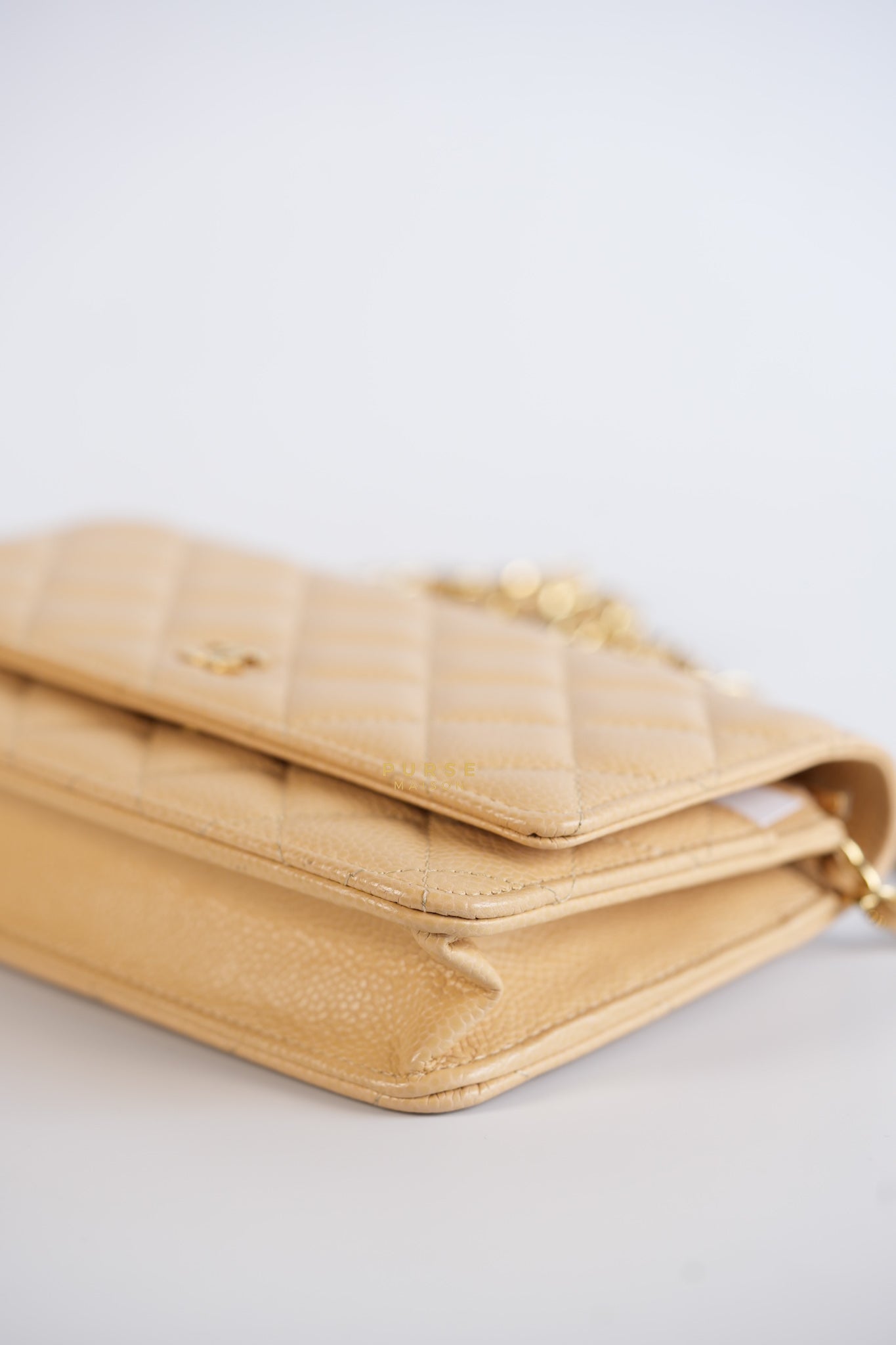 Classic Wallet on Chain (WOC) in Beige Clair Caviar Leather and Gold Hardware (Microchip) | Purse Maison Luxury Bags Shop