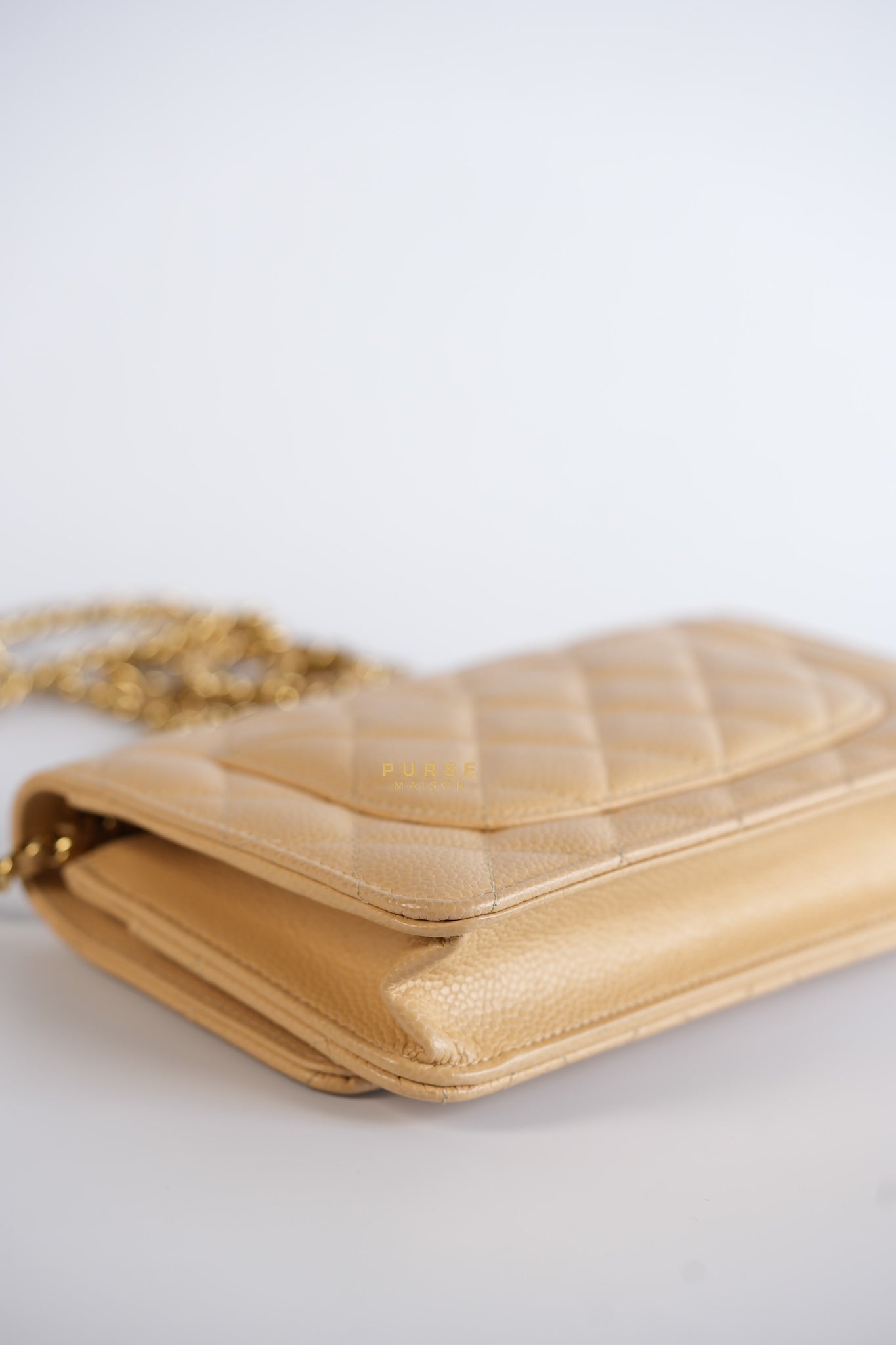 Classic Wallet on Chain (WOC) in Beige Clair Caviar Leather and Gold Hardware (Microchip) | Purse Maison Luxury Bags Shop