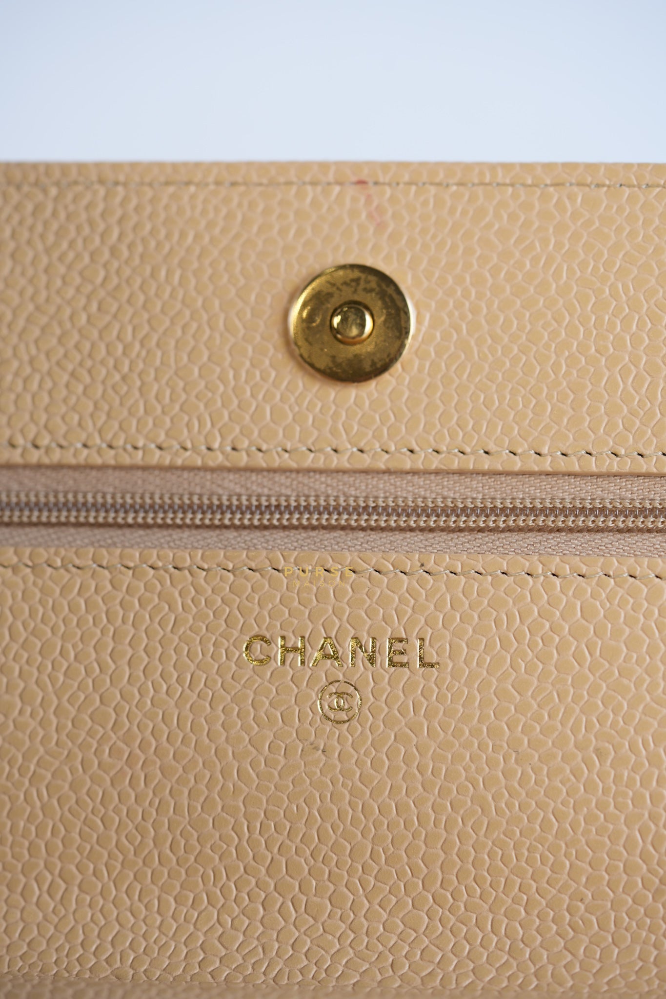 Classic Wallet on Chain (WOC) in Beige Clair Caviar Leather and Gold Hardware (Microchip) | Purse Maison Luxury Bags Shop