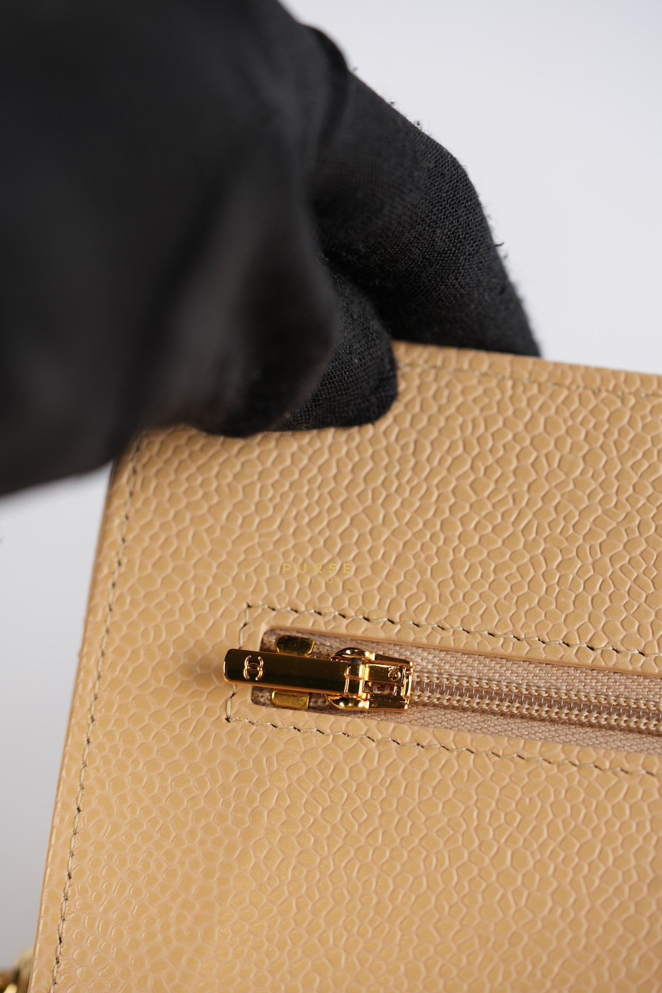 Classic Wallet on Chain (WOC) in Beige Clair Caviar Leather and Gold Hardware (Microchip) | Purse Maison Luxury Bags Shop