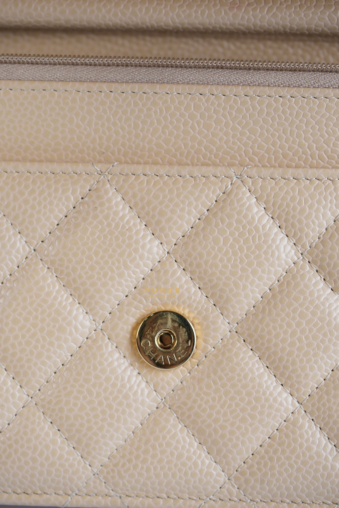 Classic Wallet on Chain (WOC) in Beige Clair Caviar Leather and Gold Hardware (Microchip) | Purse Maison Luxury Bags Shop