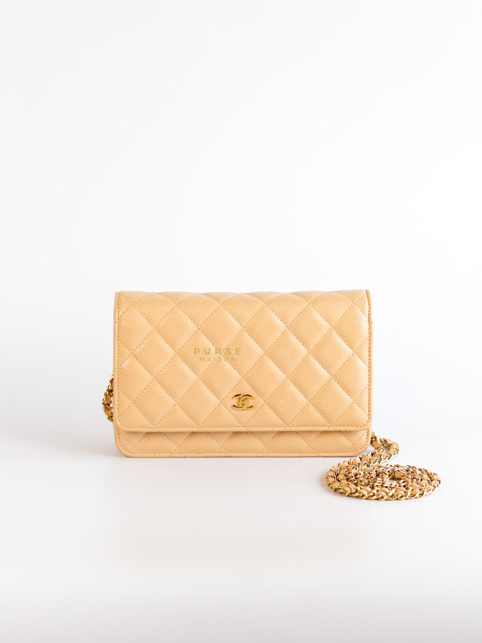 Classic Wallet on Chain (WOC) in Beige Clair Caviar Leather and Gold Hardware (Microchip) | Purse Maison Luxury Bags Shop