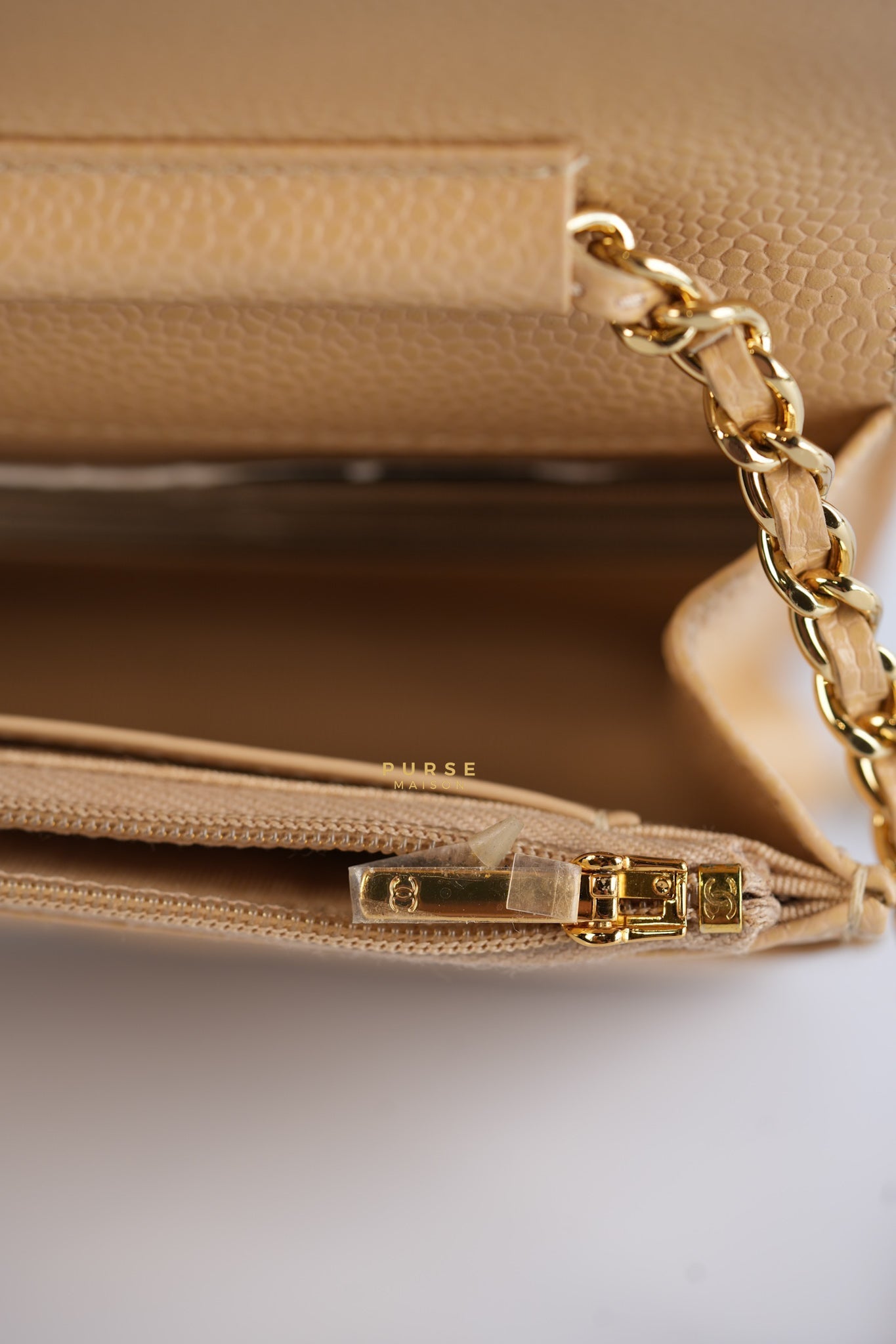 Classic Wallet on Chain (WOC) in Beige Clair Caviar Leather and Gold Hardware (Microchip) | Purse Maison Luxury Bags Shop