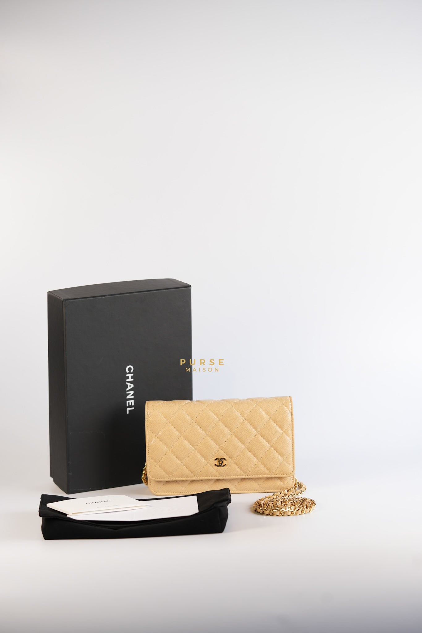 Classic Wallet on Chain (WOC) in Beige Clair Caviar Leather and Gold Hardware (Microchip) | Purse Maison Luxury Bags Shop