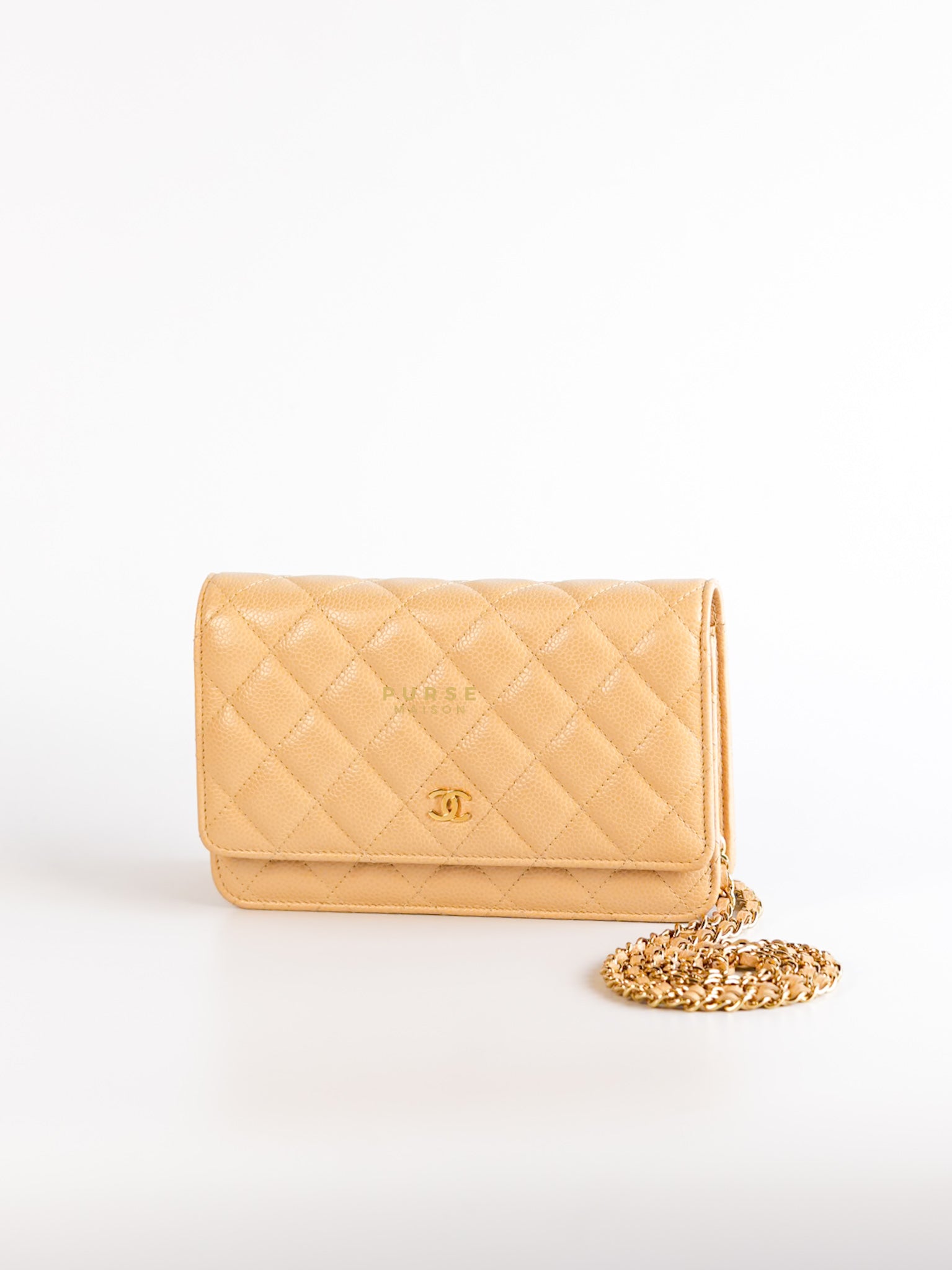 Classic Wallet on Chain (WOC) in Beige Clair Caviar Leather and Gold Hardware (Microchip) | Purse Maison Luxury Bags Shop