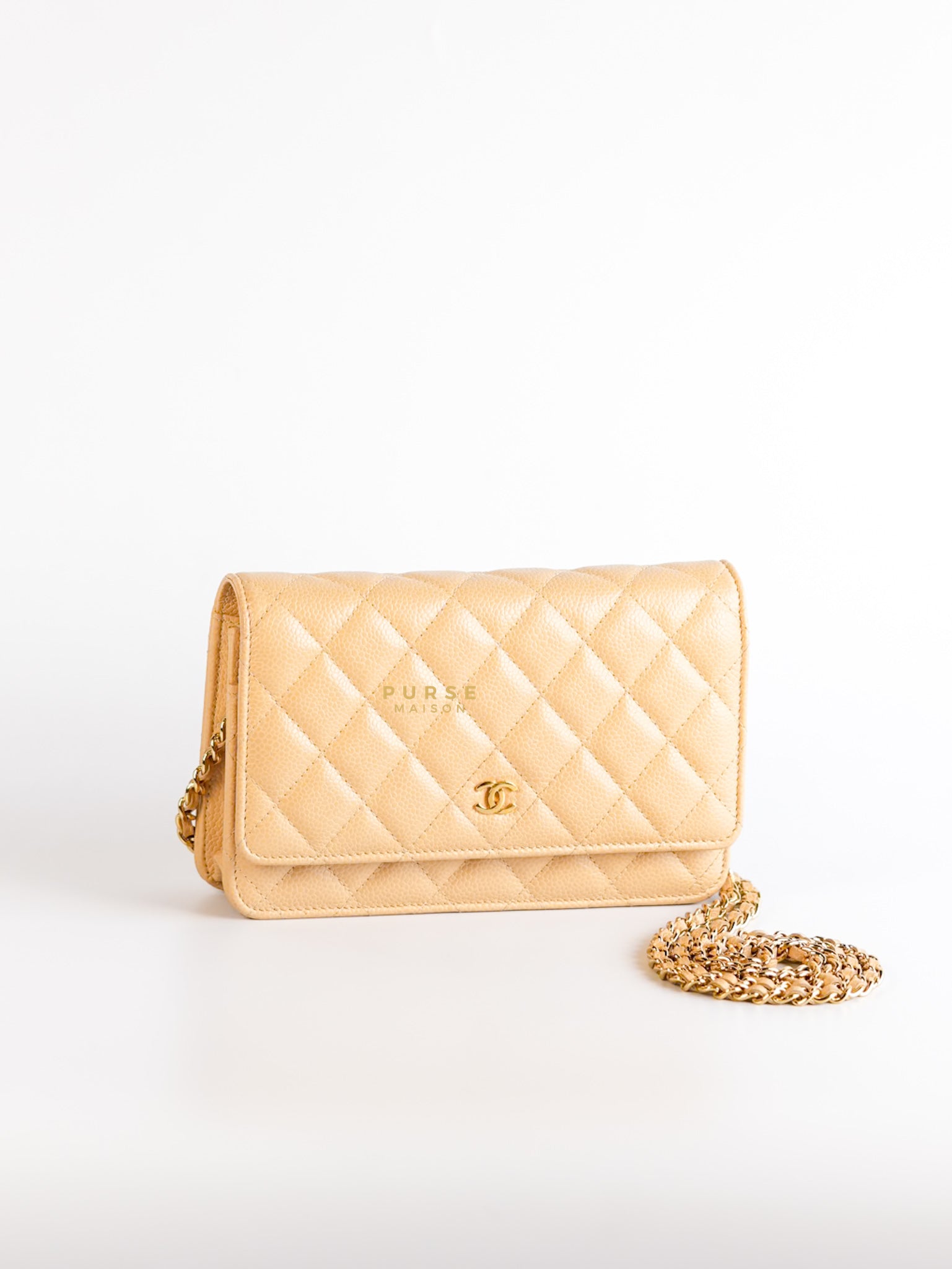 Classic Wallet on Chain (WOC) in Beige Clair Caviar Leather and Gold Hardware (Microchip) | Purse Maison Luxury Bags Shop