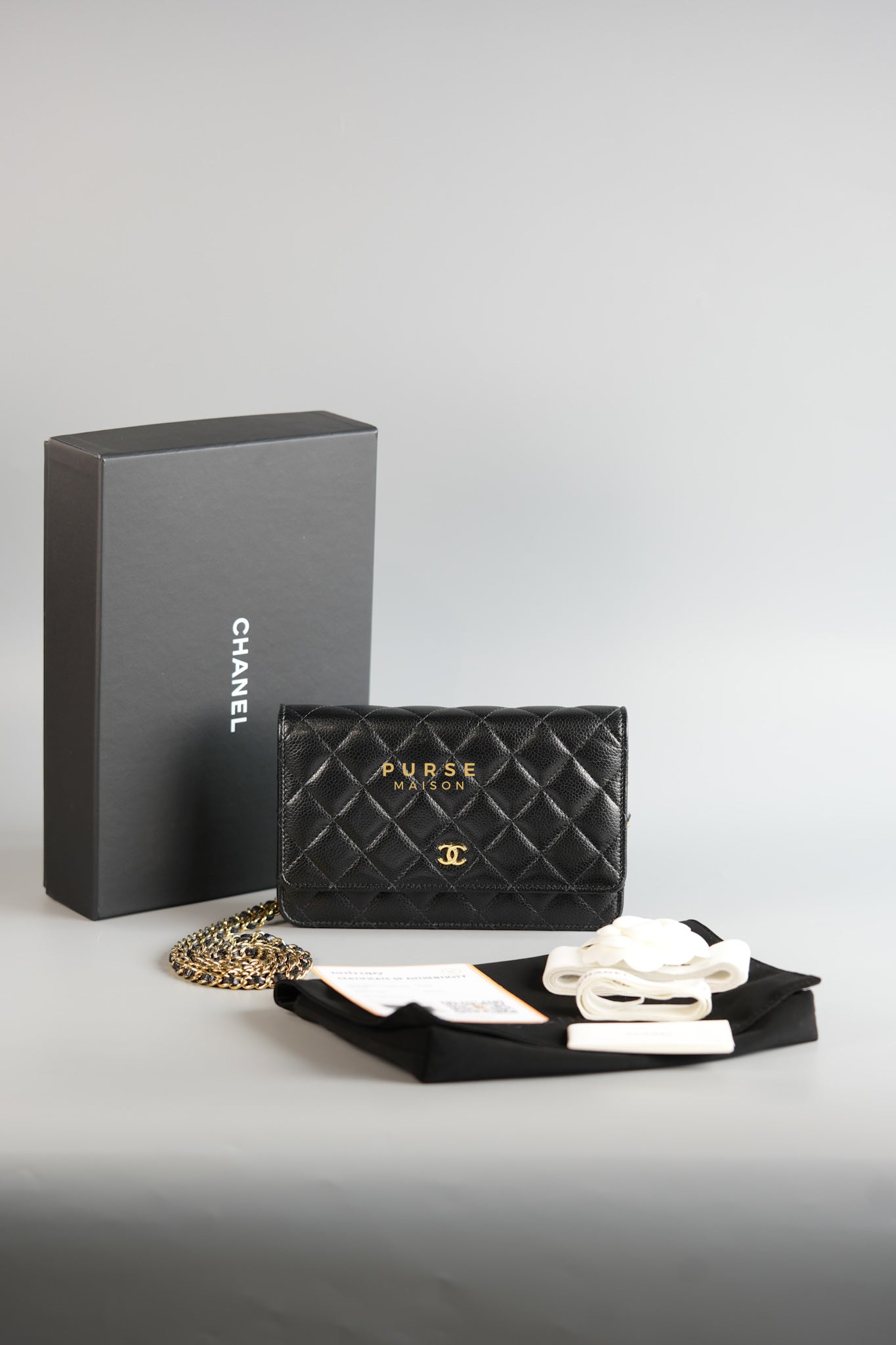 Classic Wallet on Chain (WOC) in Black Caviar Leather & Gold Hardware (Microchip) | Purse Maison Luxury Bags Shop