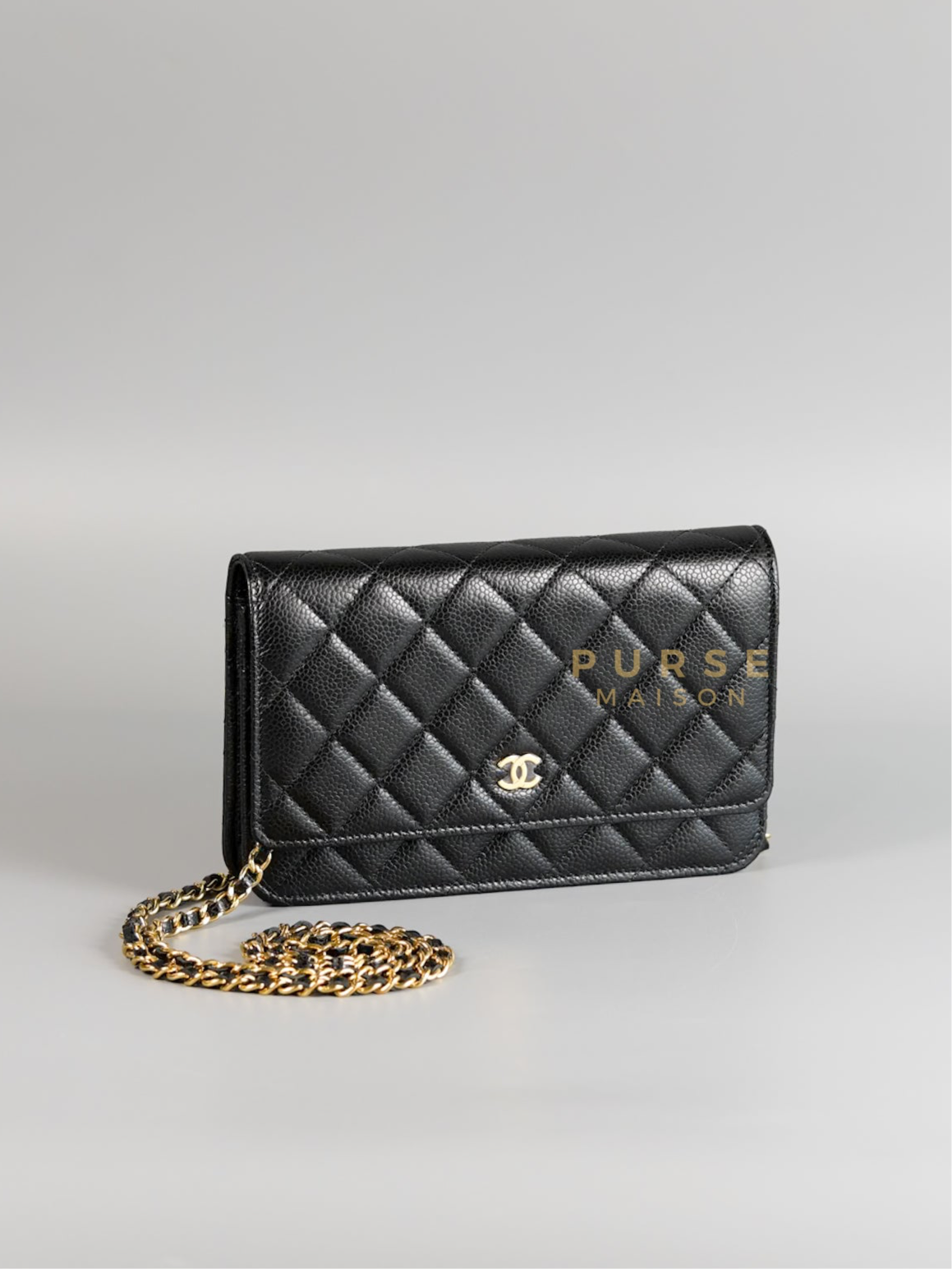 Classic Wallet on Chain (WOC) in Black Caviar Leather & Light Gold Hardware (Microchip) | Purse Maison Luxury Bags Shop