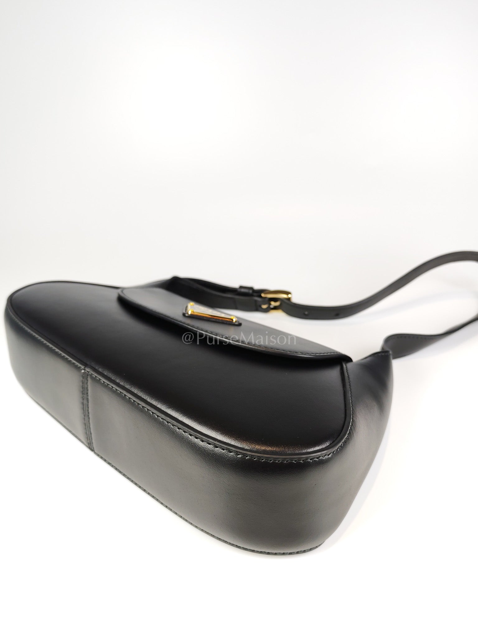 Cleo Logo Plaque Shoulder Bag in Nero/black Calfskin Leather Gold Hardware | Purse Maison Luxury Bags Shop