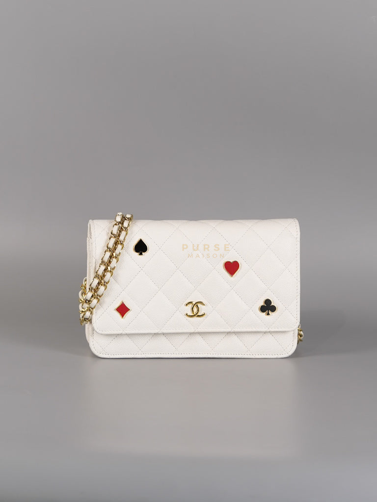 Coco Casino Wallet On Chain (WOC) in White Caviar Leather and Gold Hardware (Microchip) | Purse Maison Luxury Bags Shop
